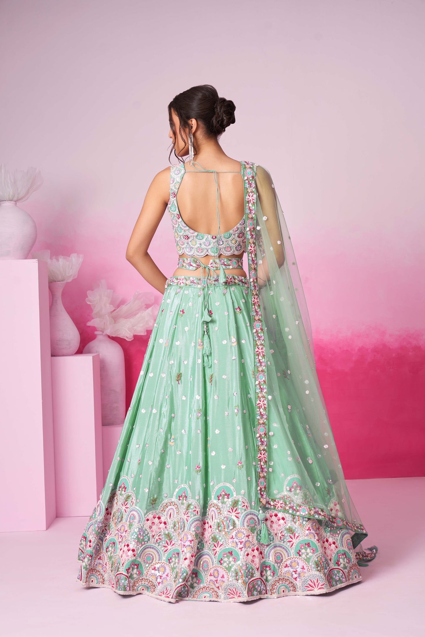 Sea Green Pure Chiffon Sequins and thread embroidery Bridesmaid Lehenga