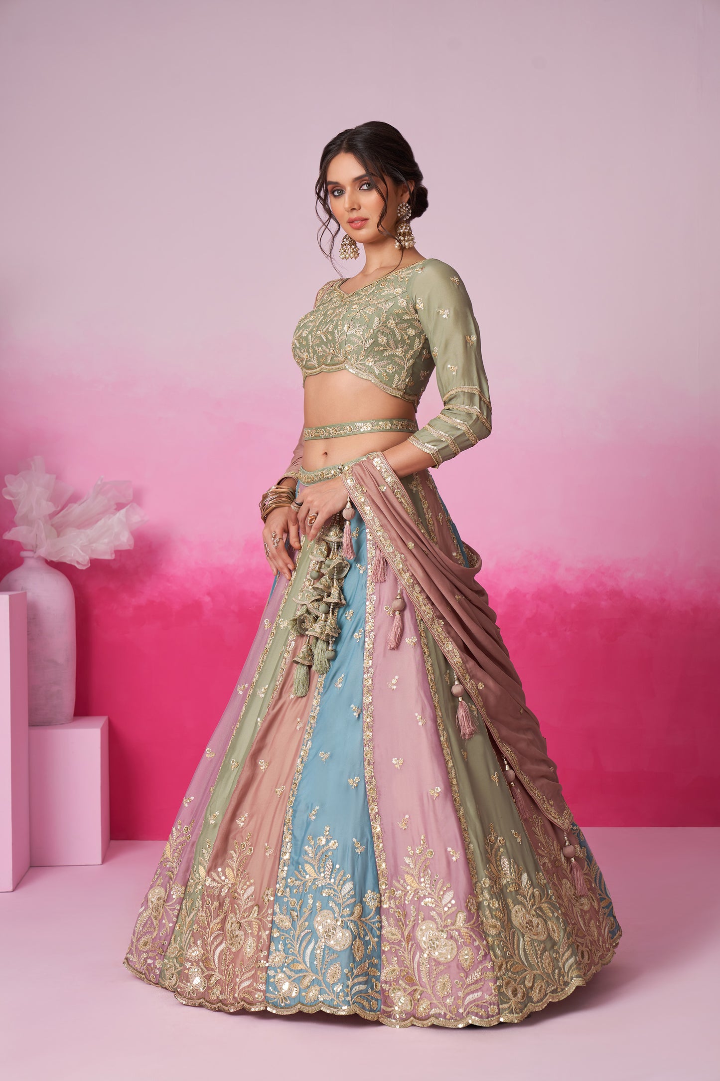 Lime Green & Multi colour Georgette Sequins embroidery Lehenga choli & Dupatta