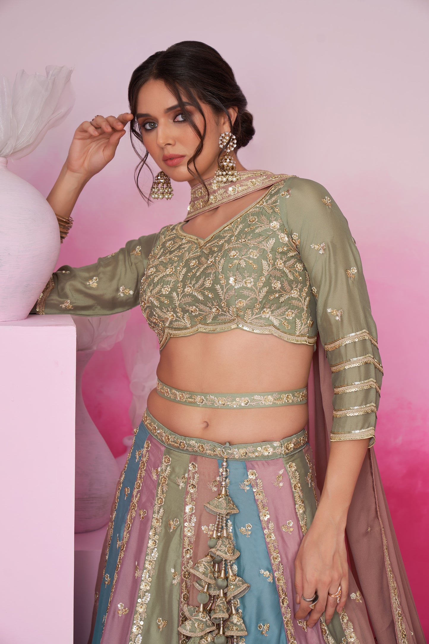 Lime Green & Multi colour Georgette Sequins embroidery Lehenga choli & Dupatta