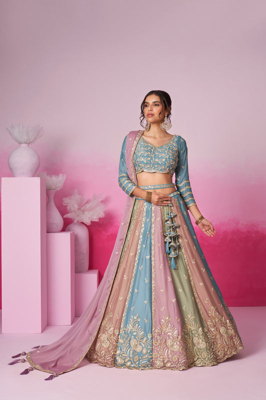 Turquoise Blue & Multi colour Georgette Sequins embroidery Lehenga choli