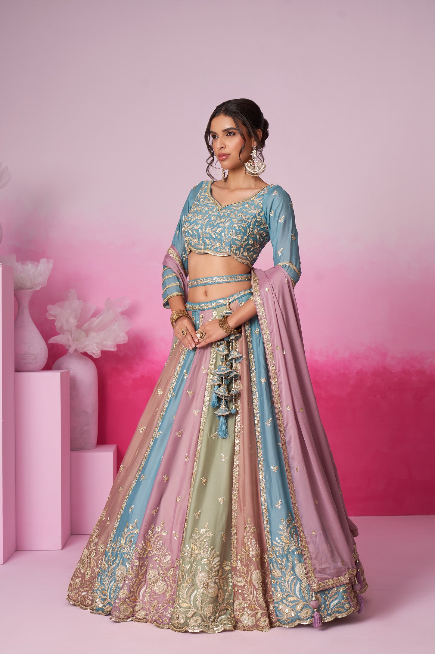 Turquoise Blue & Multi colour Georgette Sequins embroidery Lehenga choli