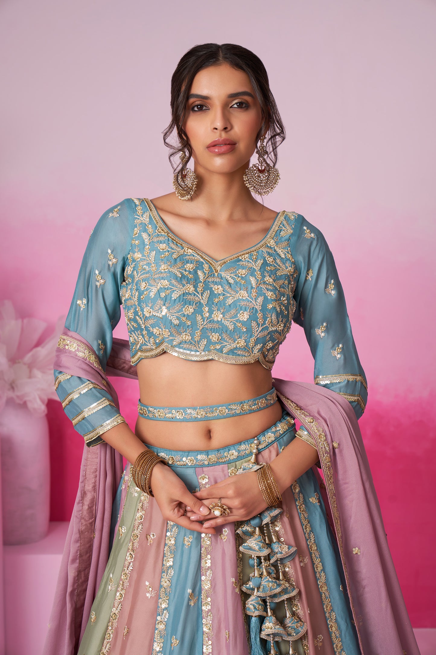 Turquoise Blue & Multi colour Georgette Sequins embroidery Lehenga choli