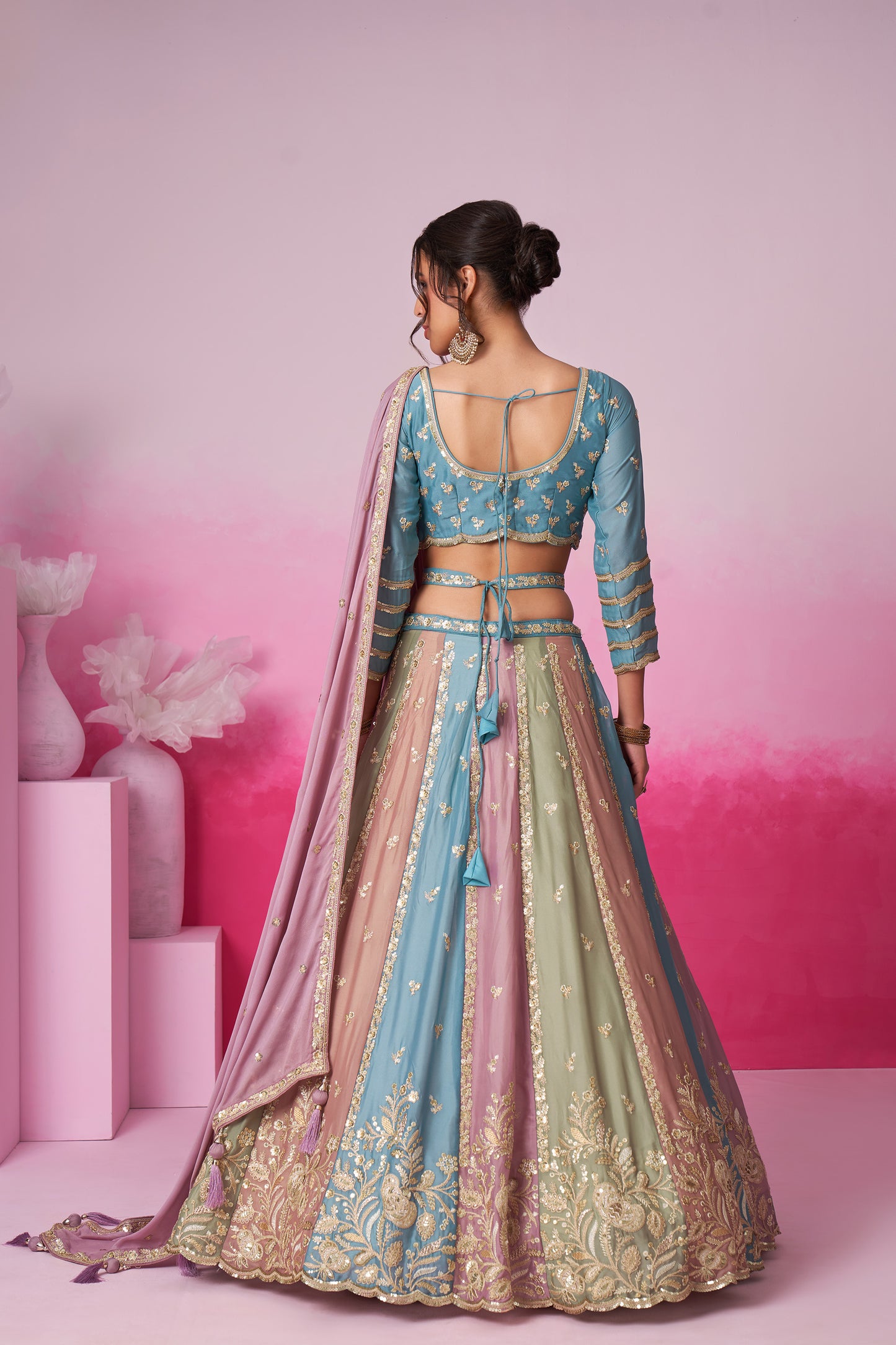 Turquoise Blue & Multi colour Georgette Sequins embroidery Lehenga choli