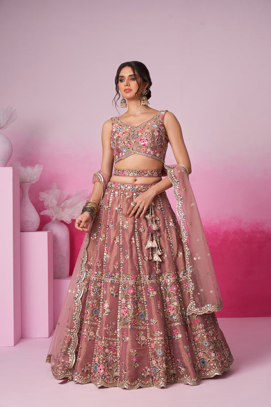 Rose gold Bridal Net Moti, Sequins embroidery Bridal Lehenga choli & Dupatta