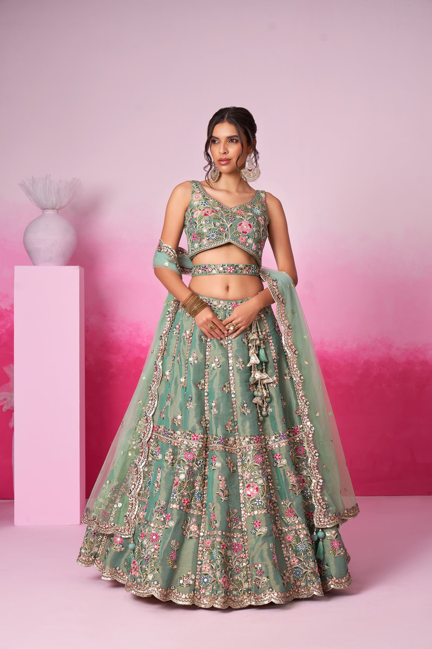 Sea green Bridal Net Moti, Sequins embroidery Bridal Lehenga choli & Dupatta