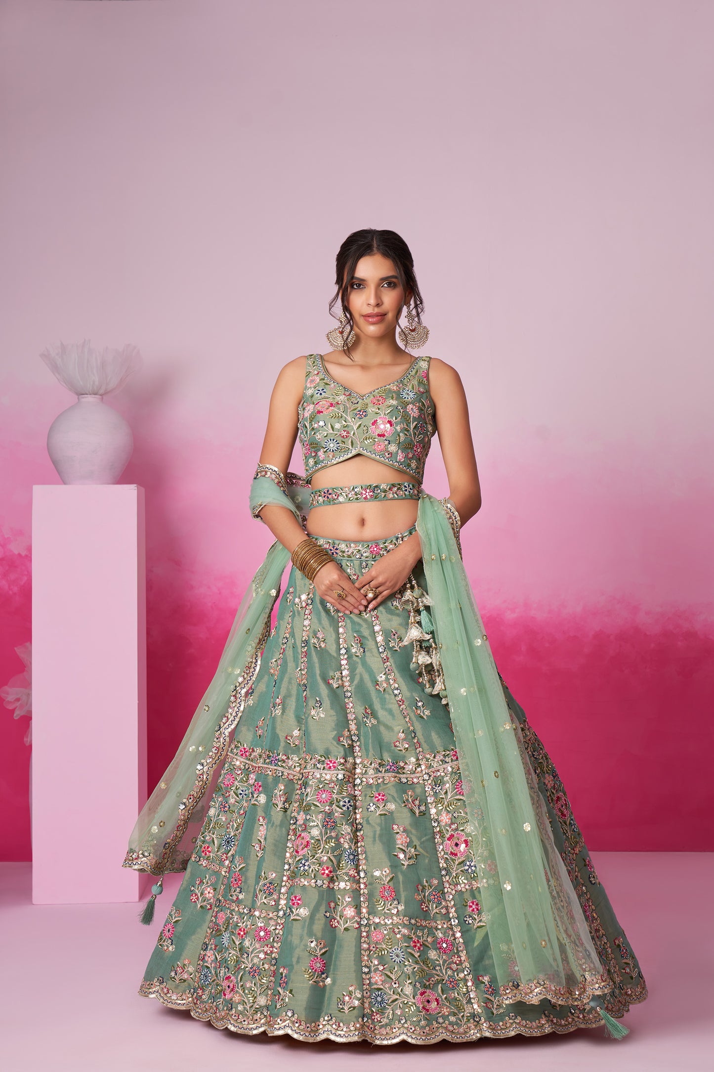 Sea green Bridal Net Moti, Sequins embroidery Bridal Lehenga choli & Dupatta