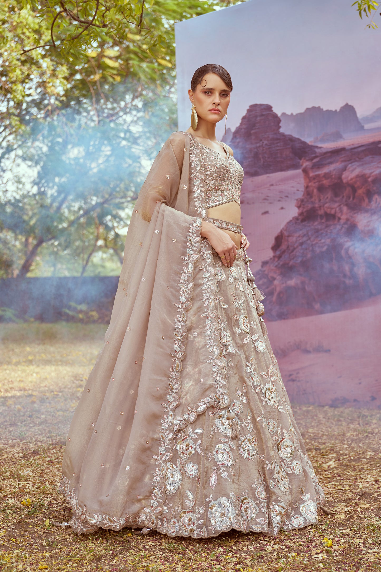 Beige Organza Sequins embroidery Bridal Lehenga