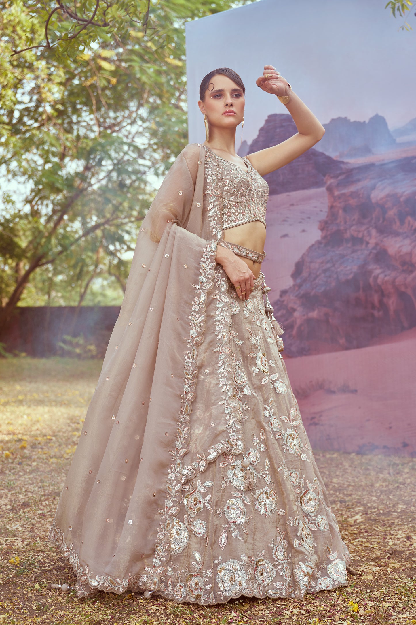 Beige Organza Sequins embroidery Bridal Lehenga