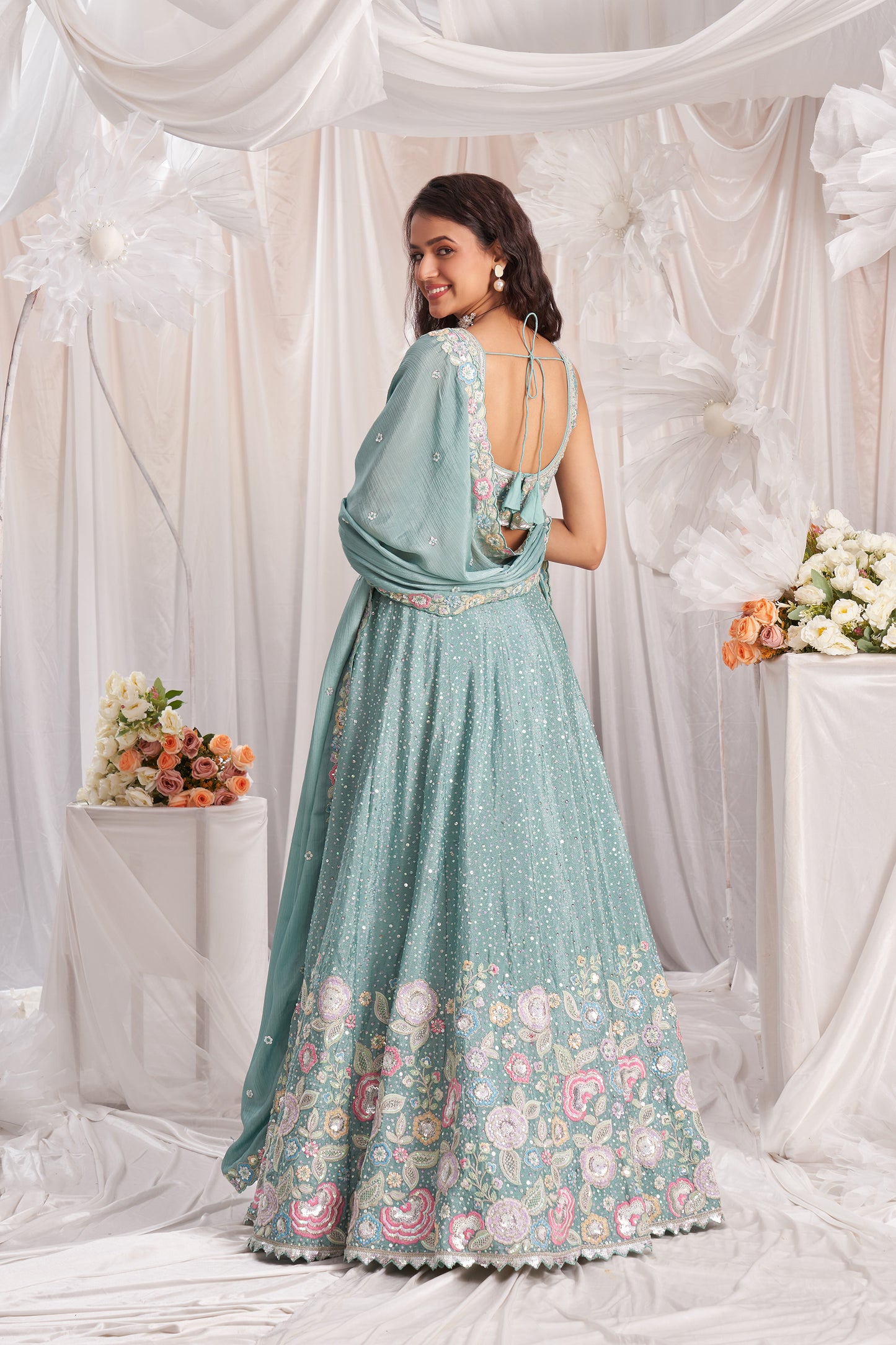 Sea green Pure Chiffon Sequins and thread embroidery Designer Lehenga choli & Dupatta