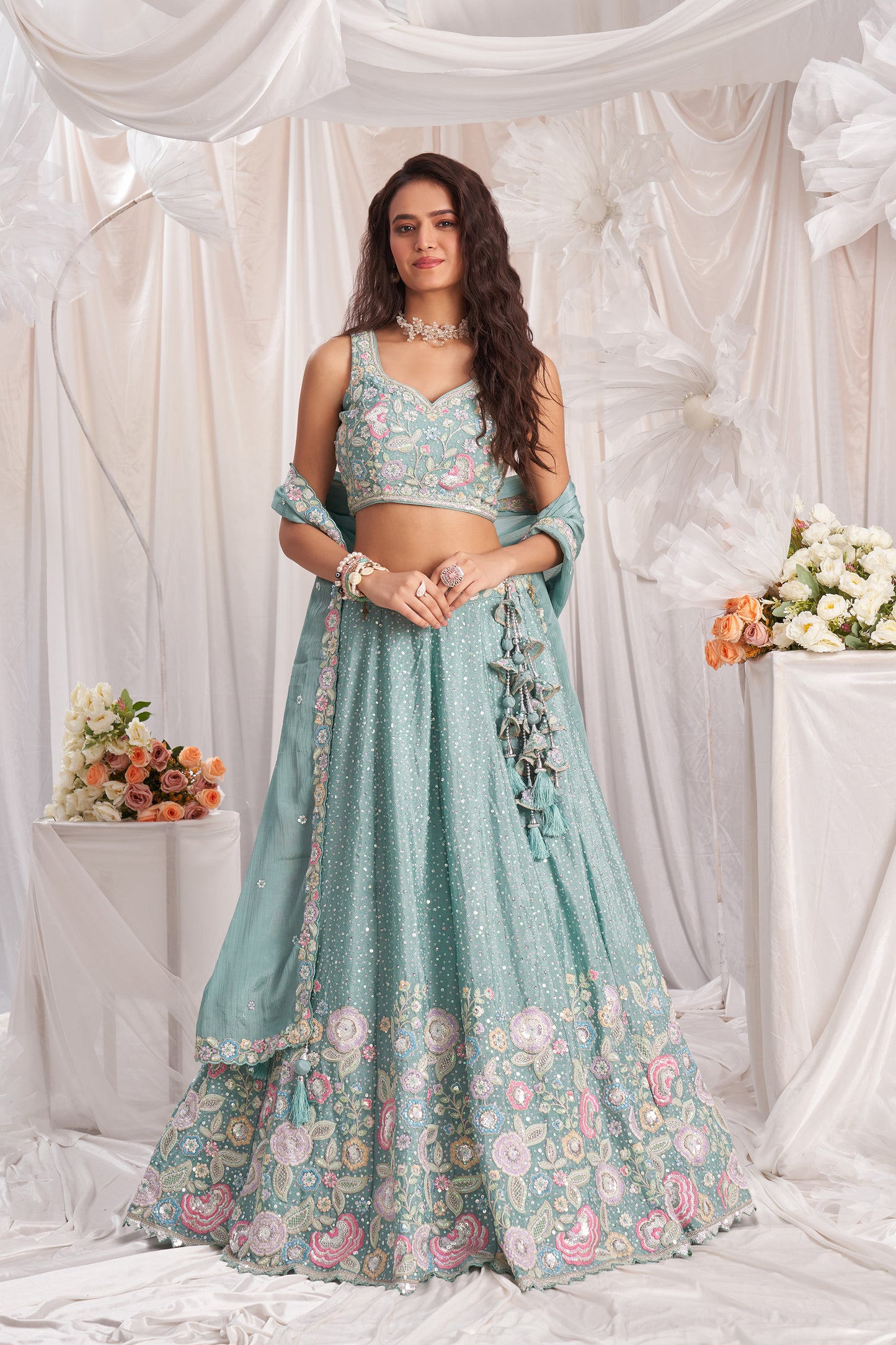 Sea green Pure Chiffon Sequins and thread embroidery Designer Lehenga choli & Dupatta