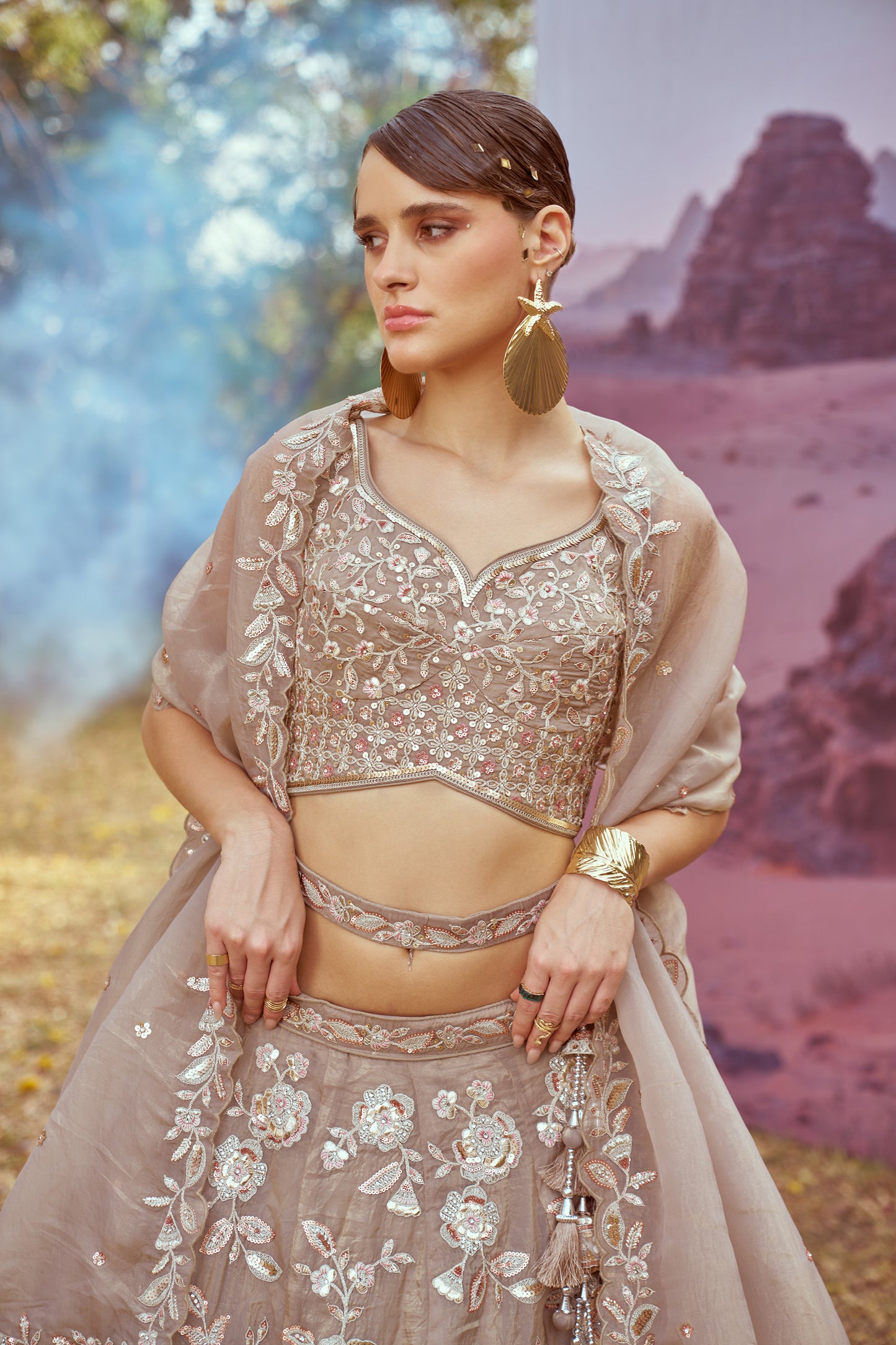 Beige Organza Sequins embroidery Bridal Lehenga