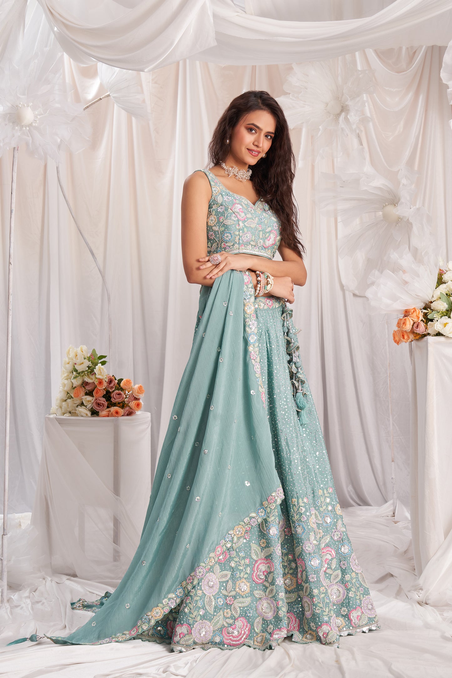 Sea green Pure Chiffon Sequins and thread embroidery Designer Lehenga choli & Dupatta