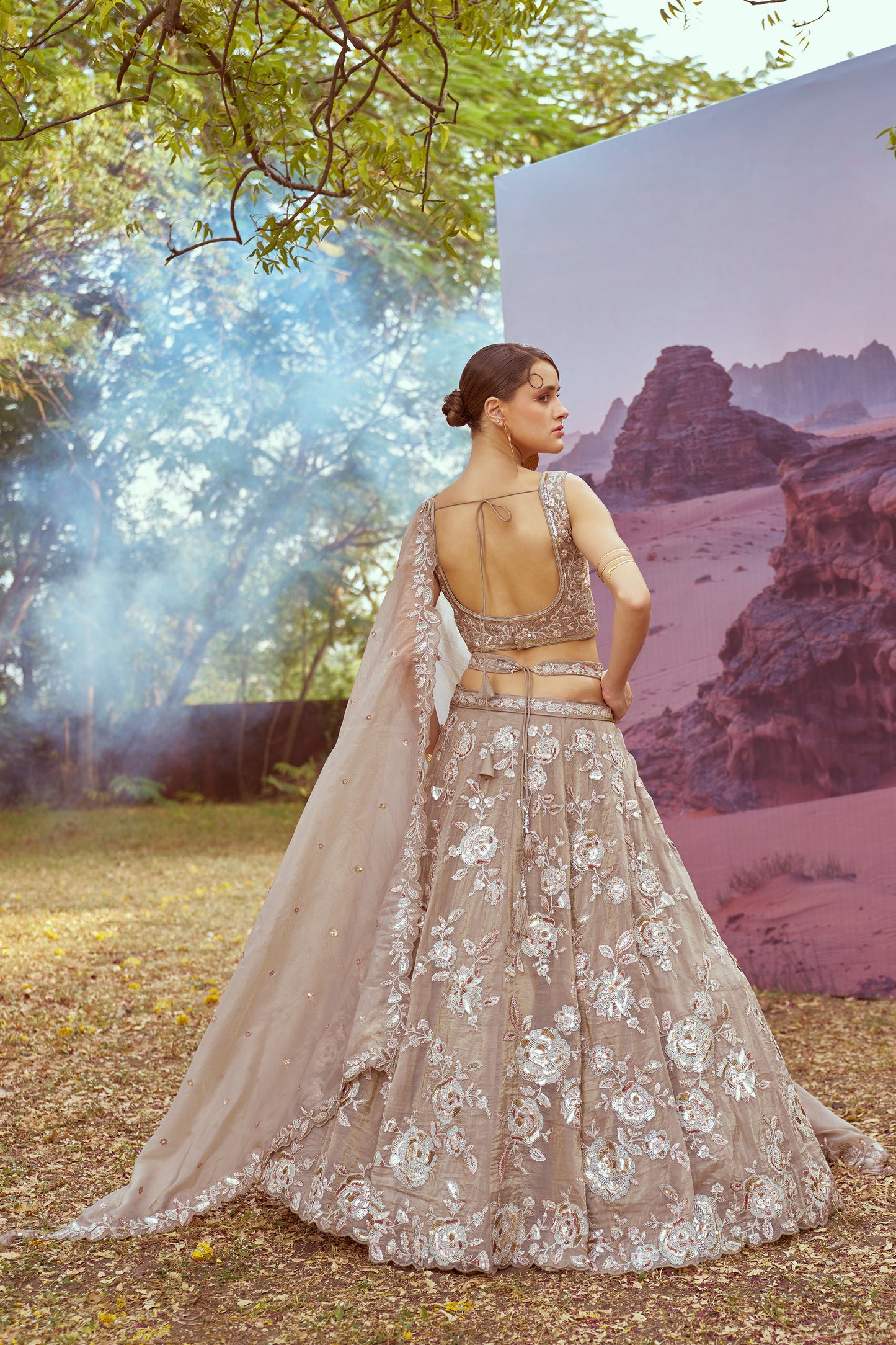 Beige Organza Sequins embroidery Bridal Lehenga