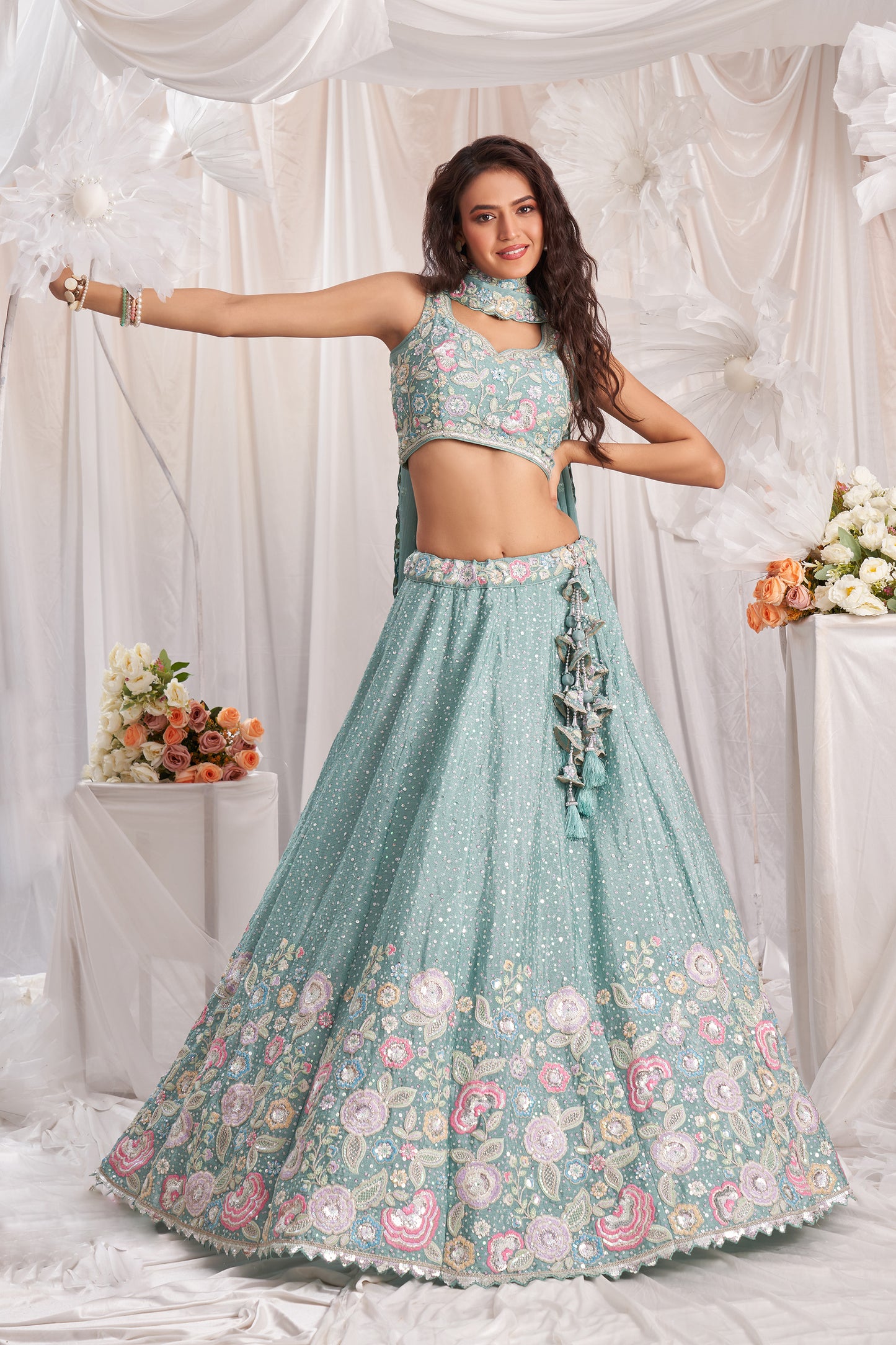 Sea green Pure Chiffon Sequins and thread embroidery Designer Lehenga choli & Dupatta