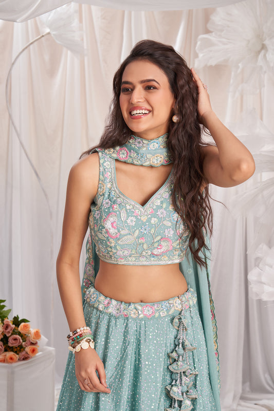 Sea green Pure Chiffon Sequins and thread embroidery Designer Lehenga choli & Dupatta