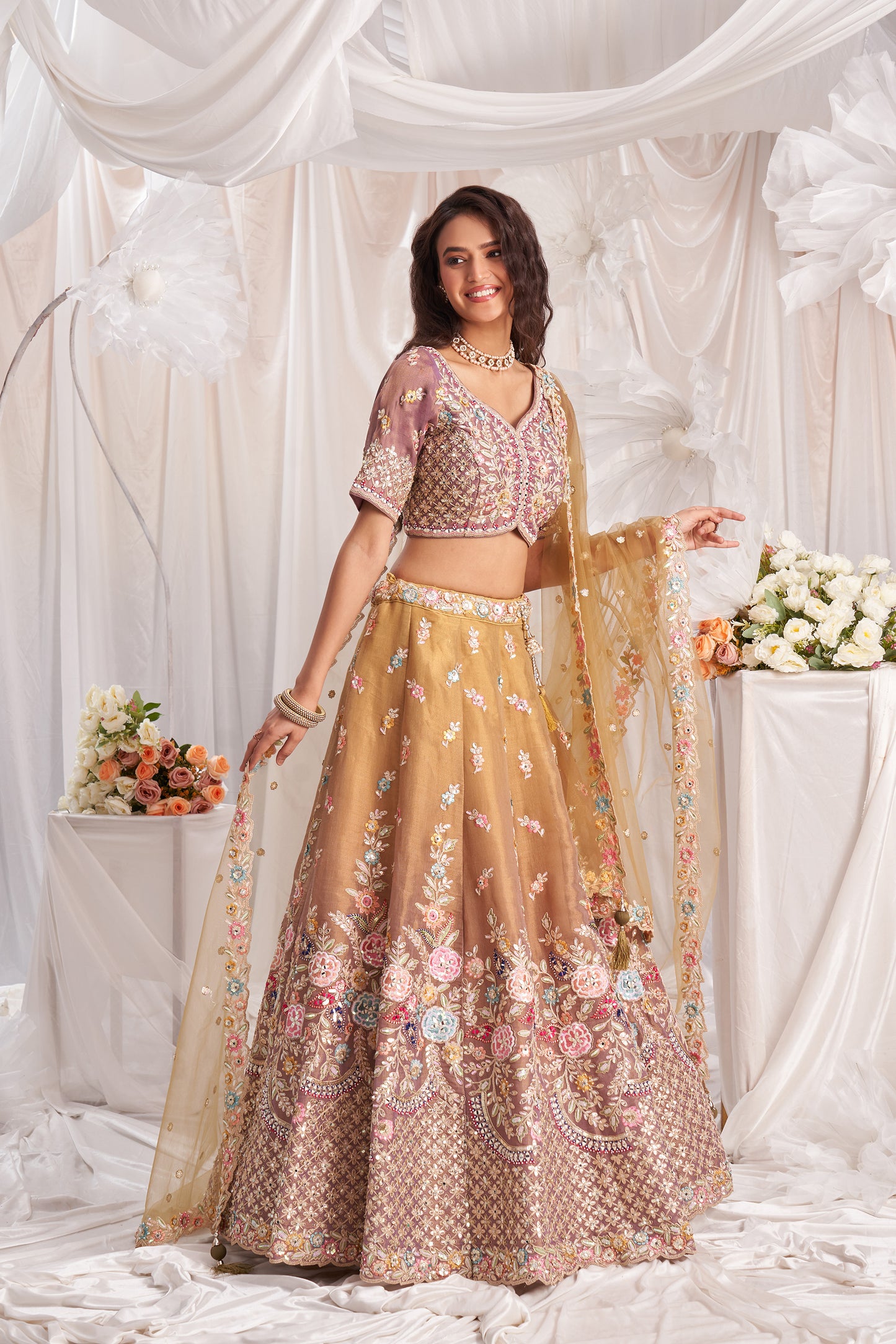 Rose gold Bridel net and Gotapatti & Moti embroidery Designer Lehenga choli & Dupatta