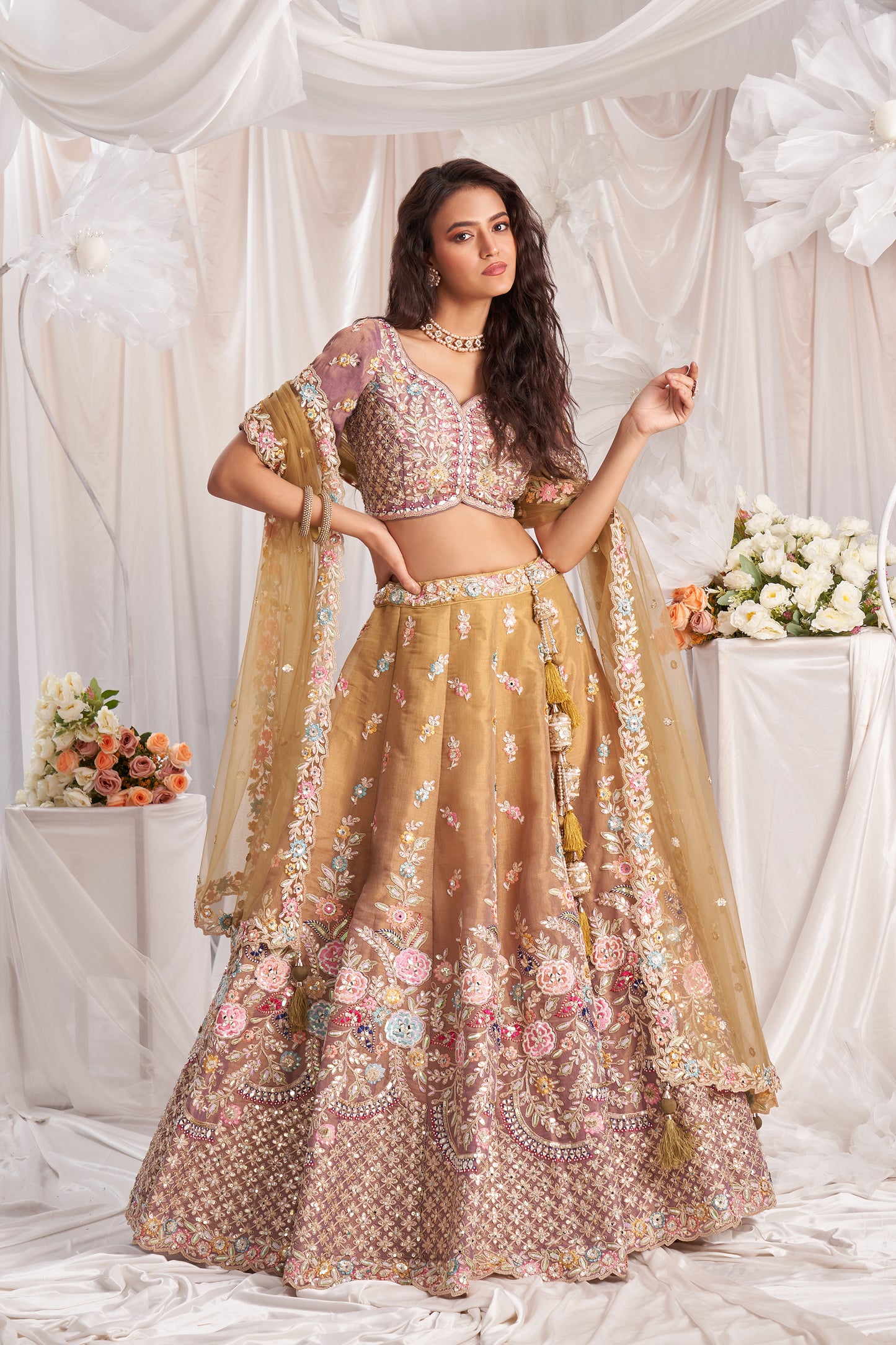 Rose gold Bridel net and Gotapatti & Moti embroidery Designer Lehenga choli & Dupatta