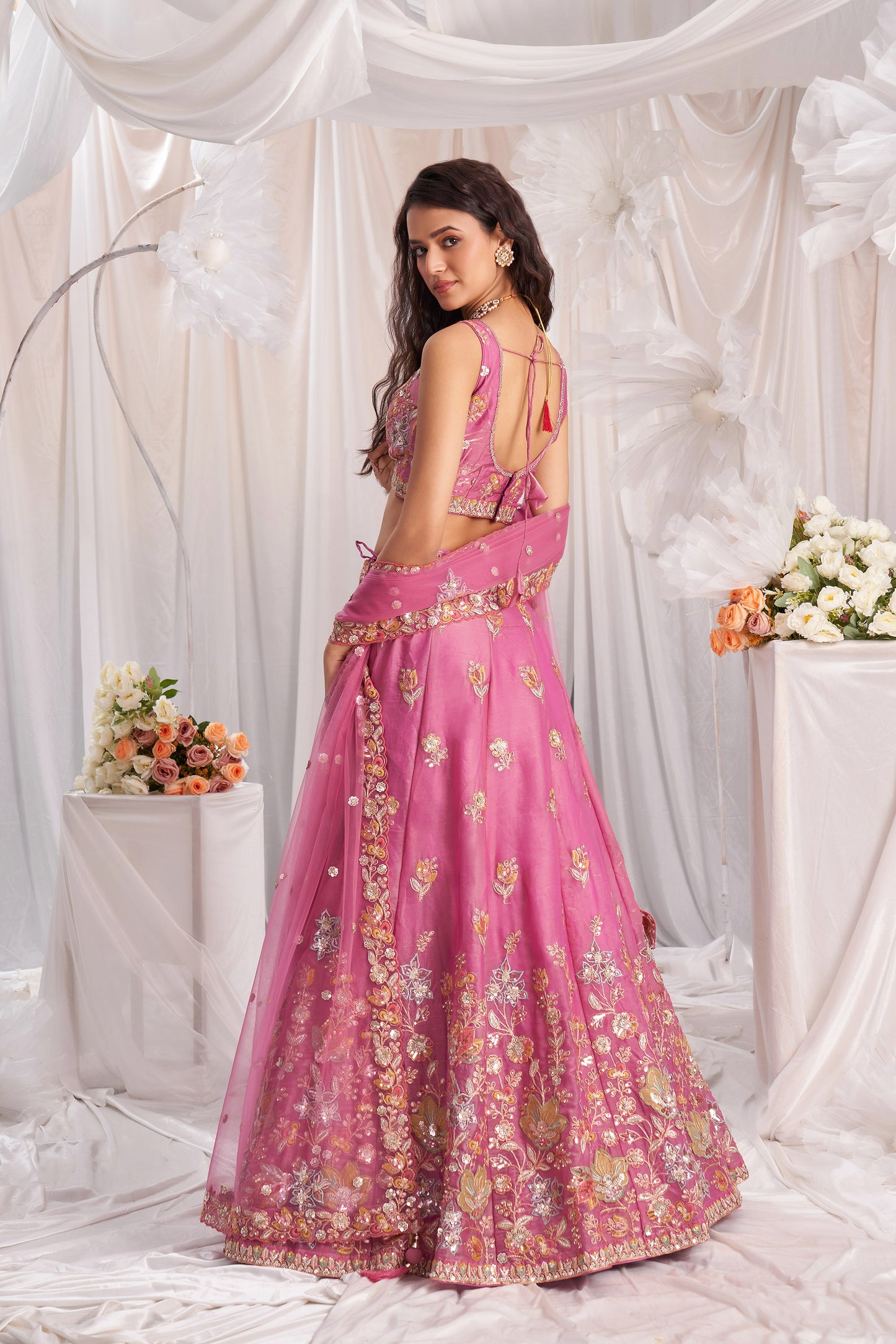 Pink Organza Sequins embroidery Engagement Lehenga Choli