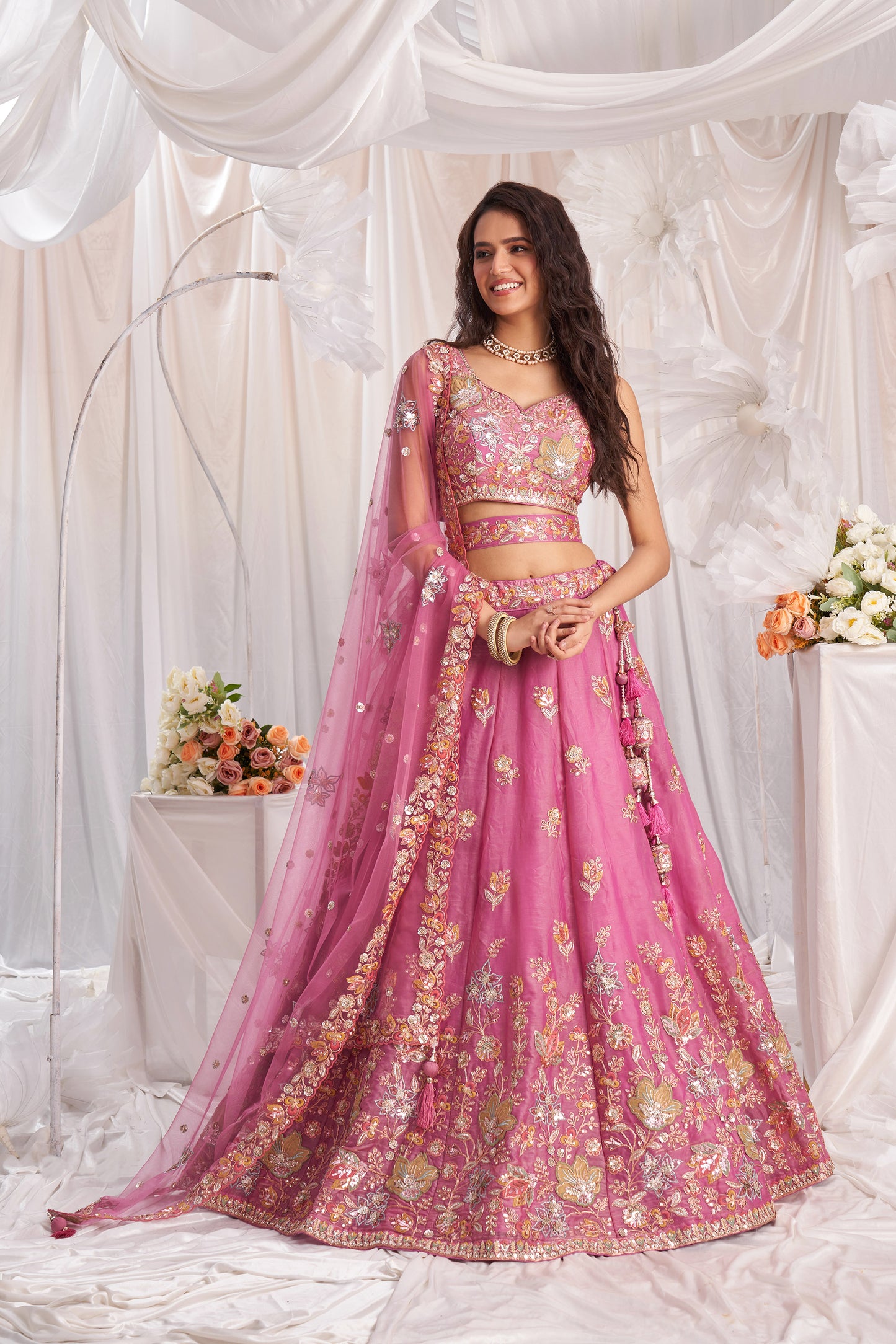 Pink Organza Sequins embroidery Engagement Lehenga Choli