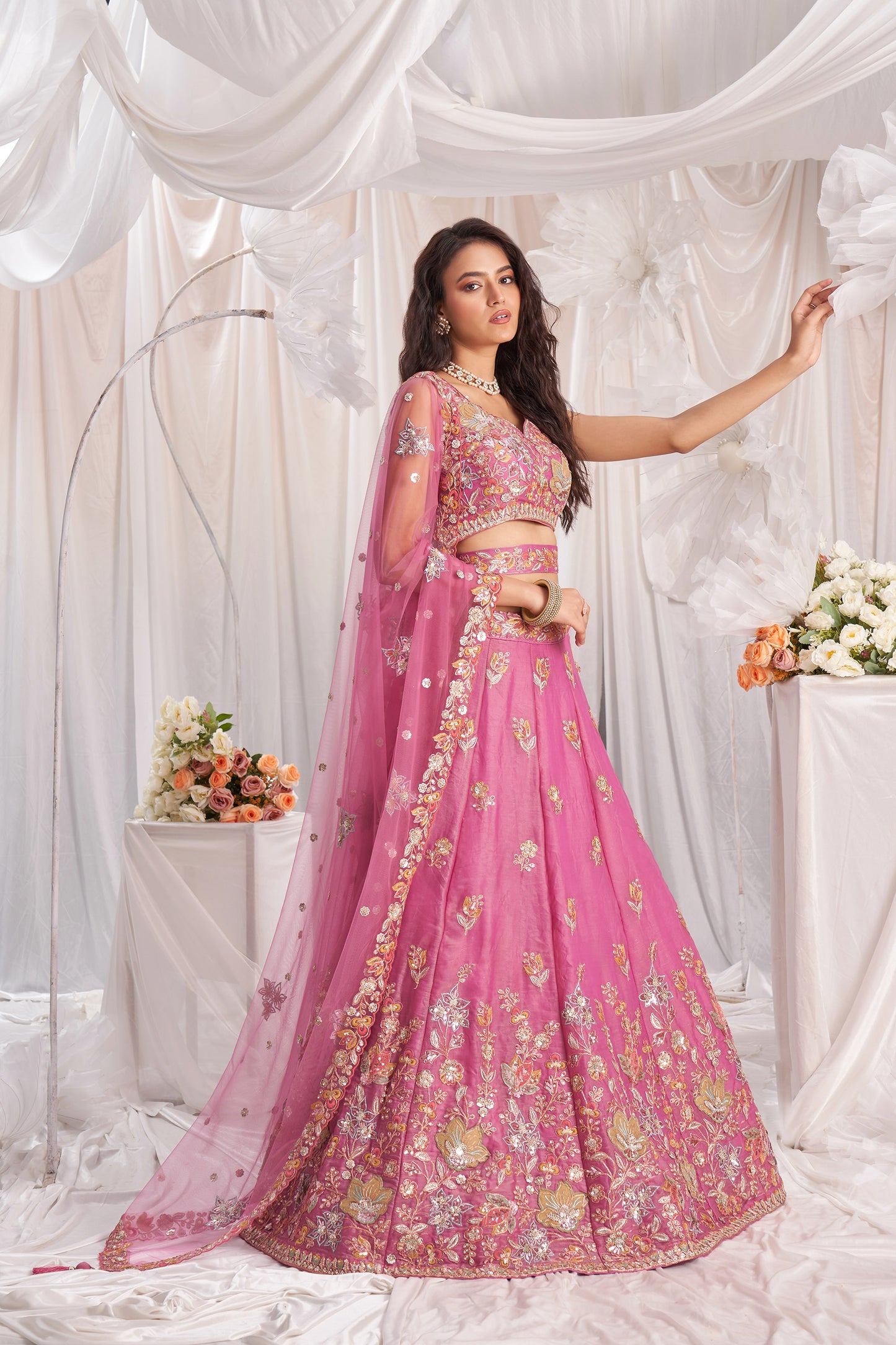 Pink Organza Sequins embroidery Engagement Lehenga Choli