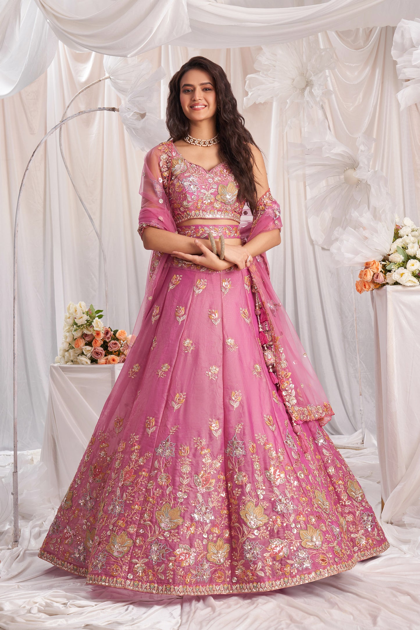 Pink Organza Sequins embroidery Engagement Lehenga Choli