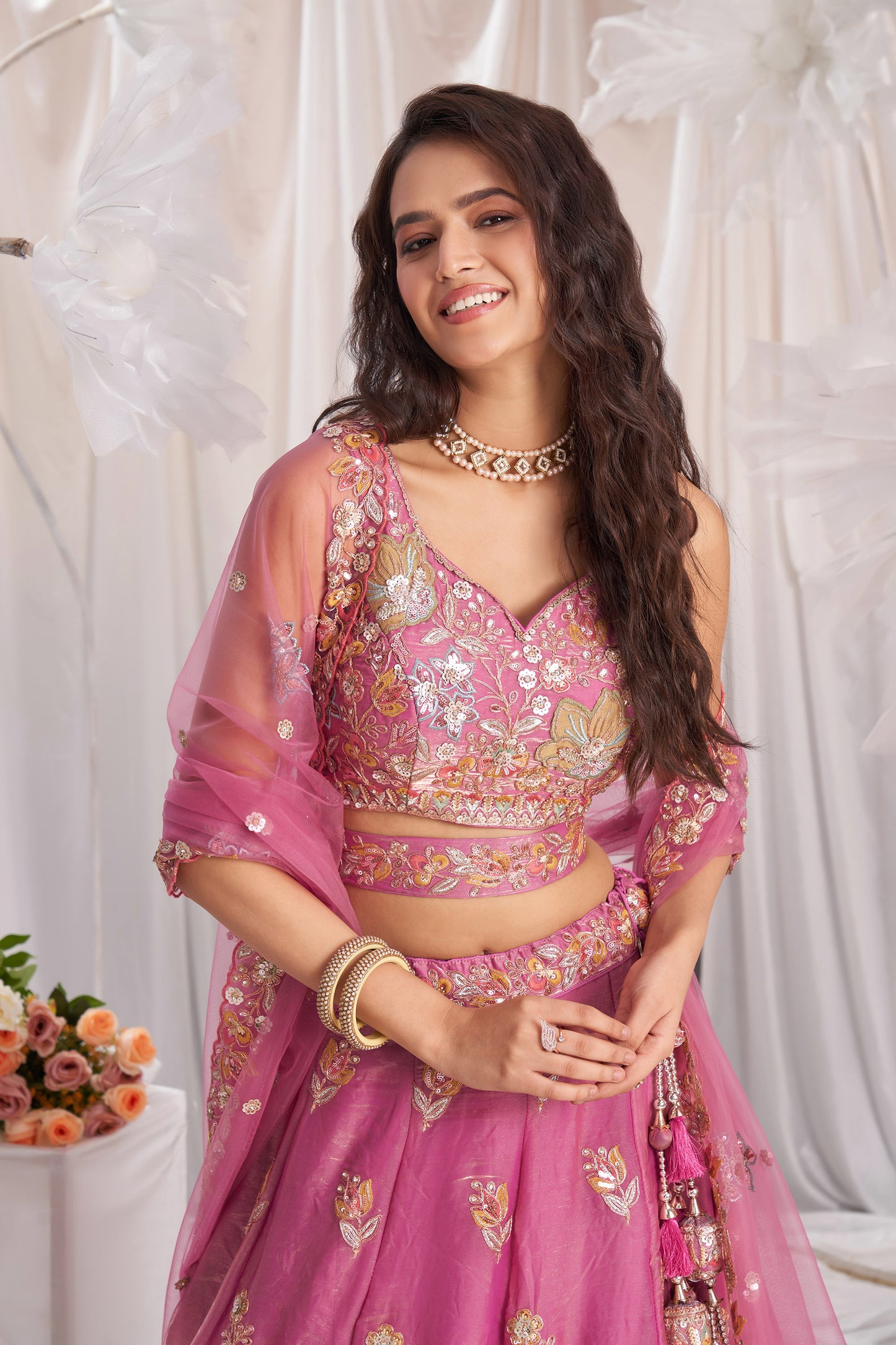 Pink Organza Sequins embroidery Engagement Lehenga Choli