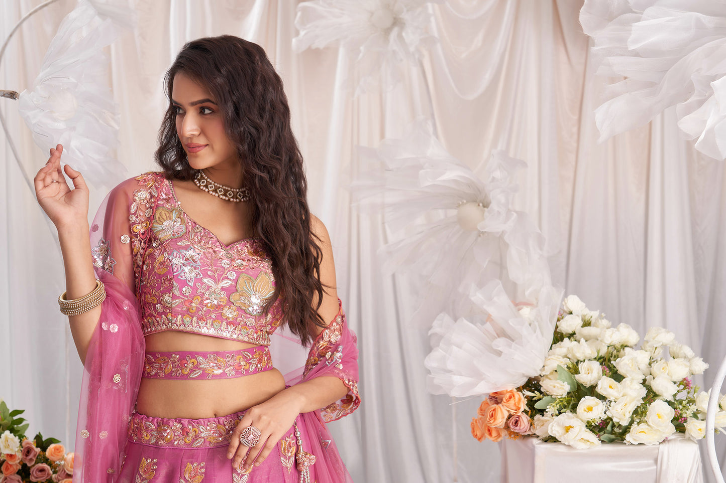 Pink Organza Sequins embroidery Engagement Lehenga Choli