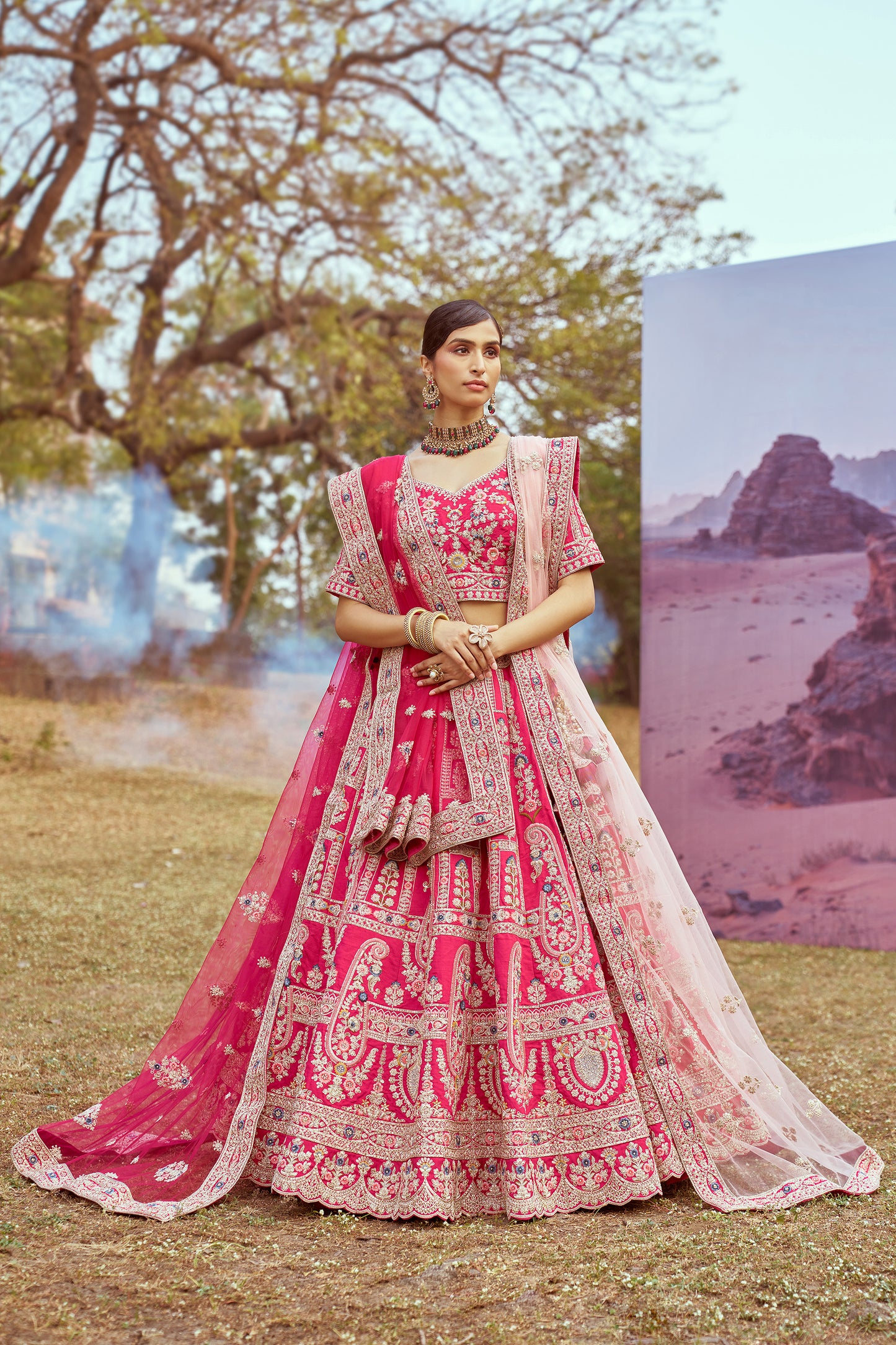 Pink Pure silk Moti, Sequins embroidery Bridal Lehenga