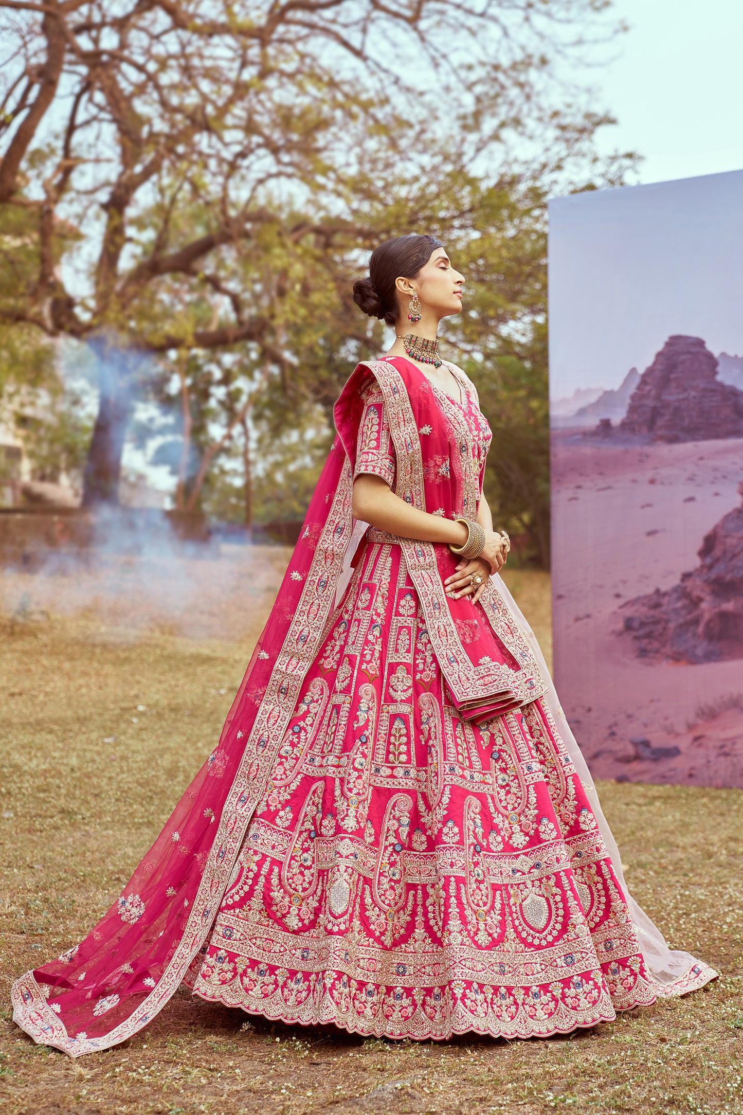 Pink Pure silk Moti, Sequins embroidery Bridal Lehenga