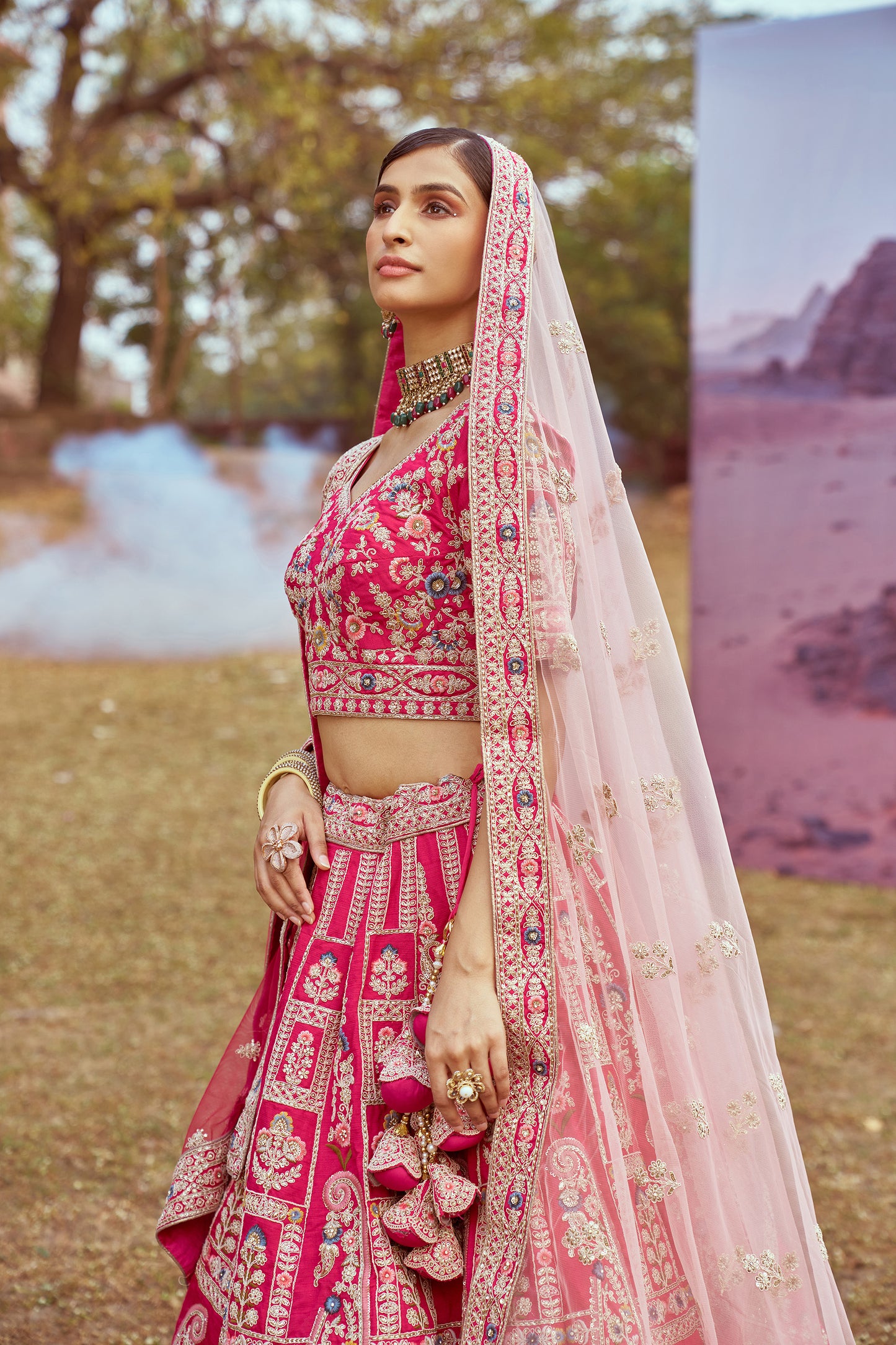 Pink Pure silk Moti, Sequins embroidery Bridal Lehenga