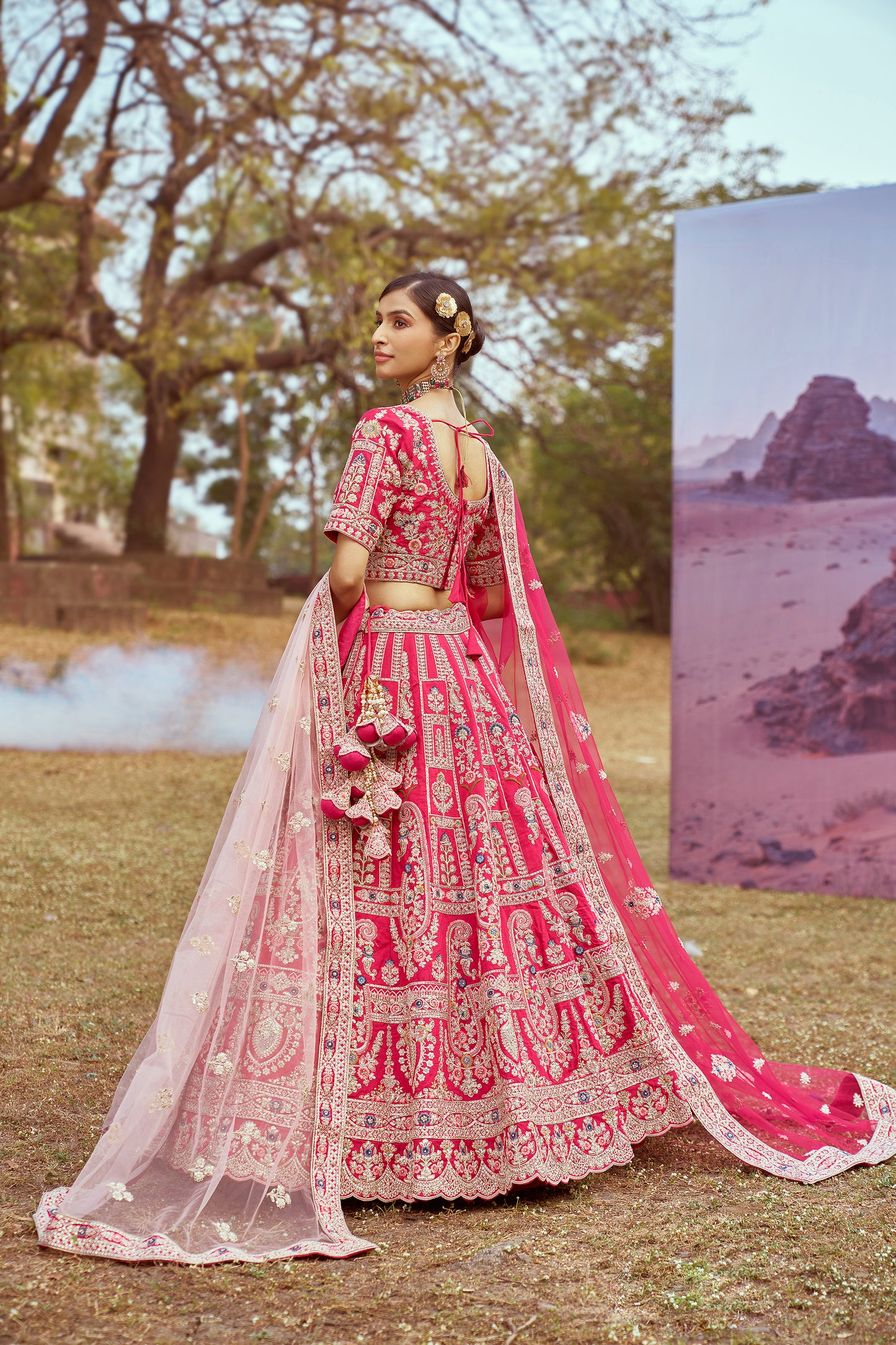 Pink Pure silk Moti, Sequins embroidery Bridal Lehenga