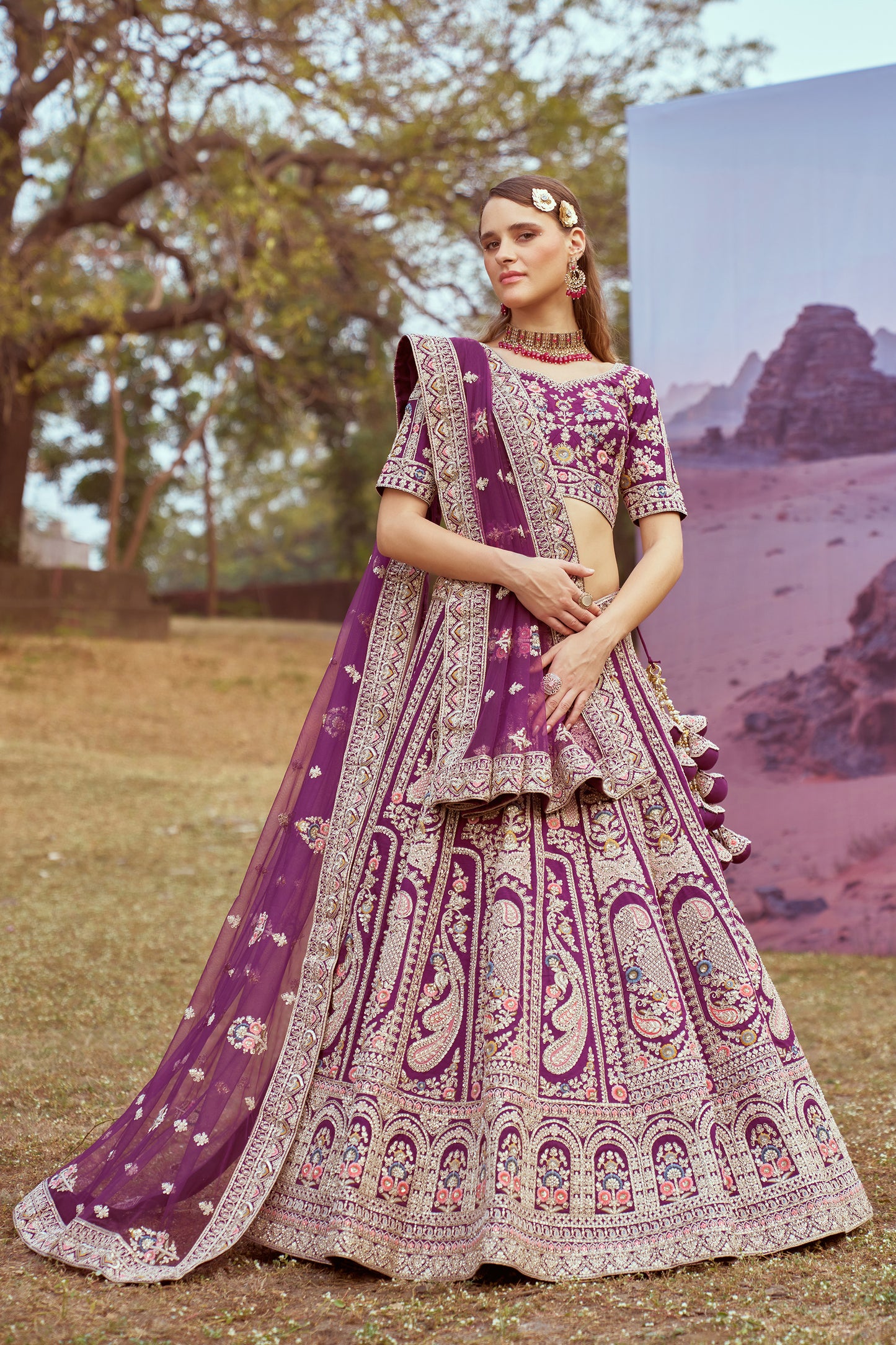 Purple Pure silk Moti, Coding embroidery Bridal Lehenga