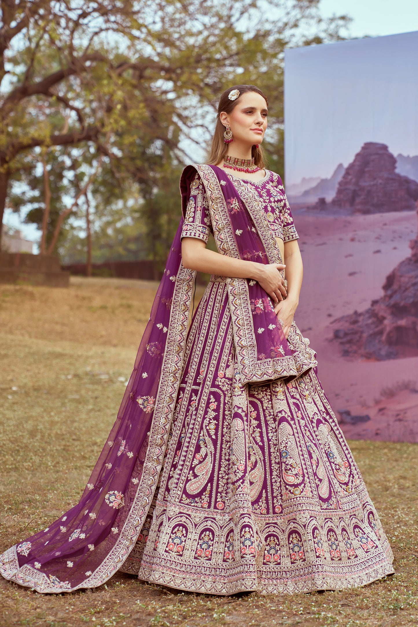 Purple Pure silk Moti, Coding embroidery Bridal Lehenga