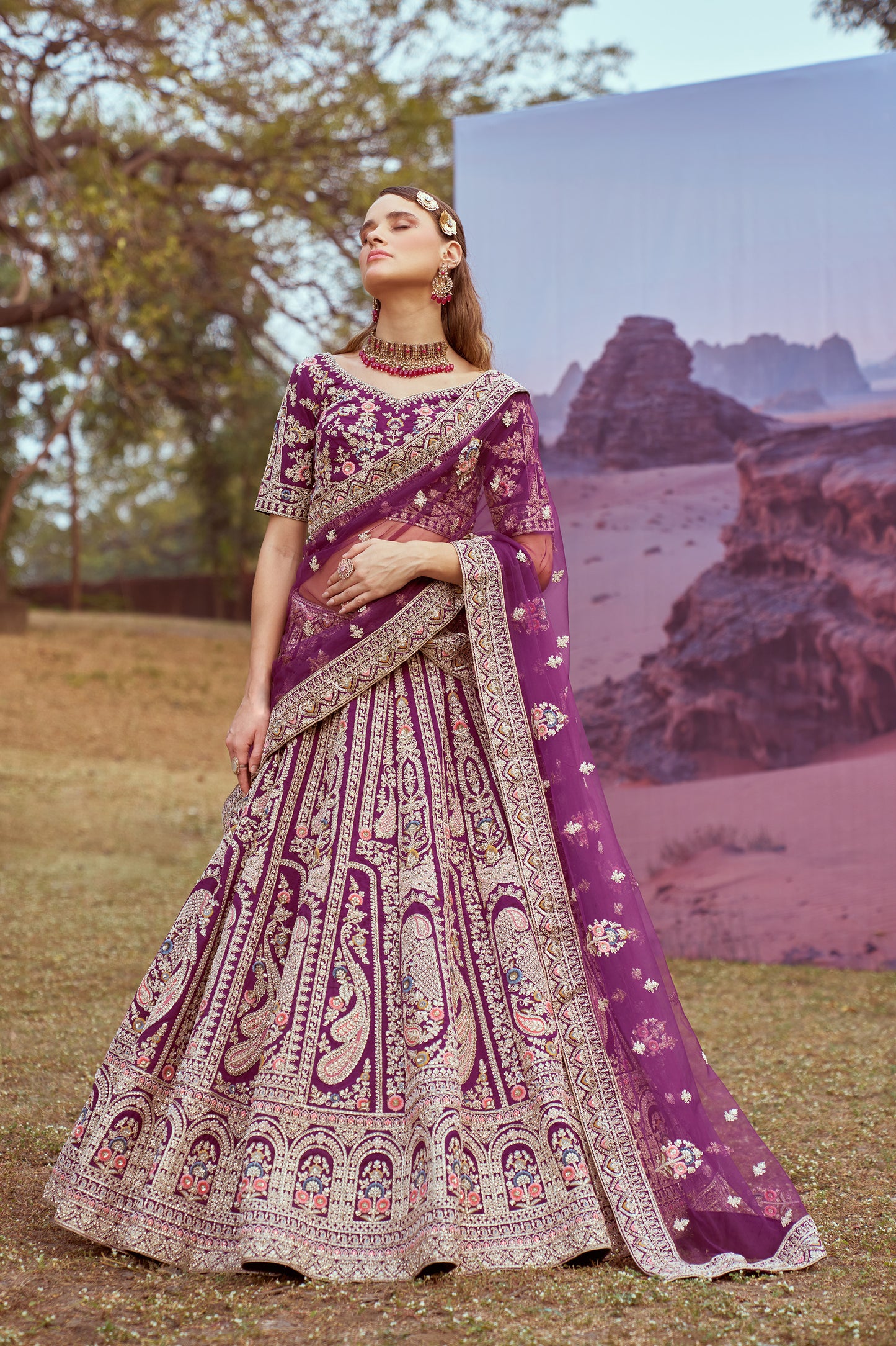 Purple Pure silk Moti, Coding embroidery Bridal Lehenga