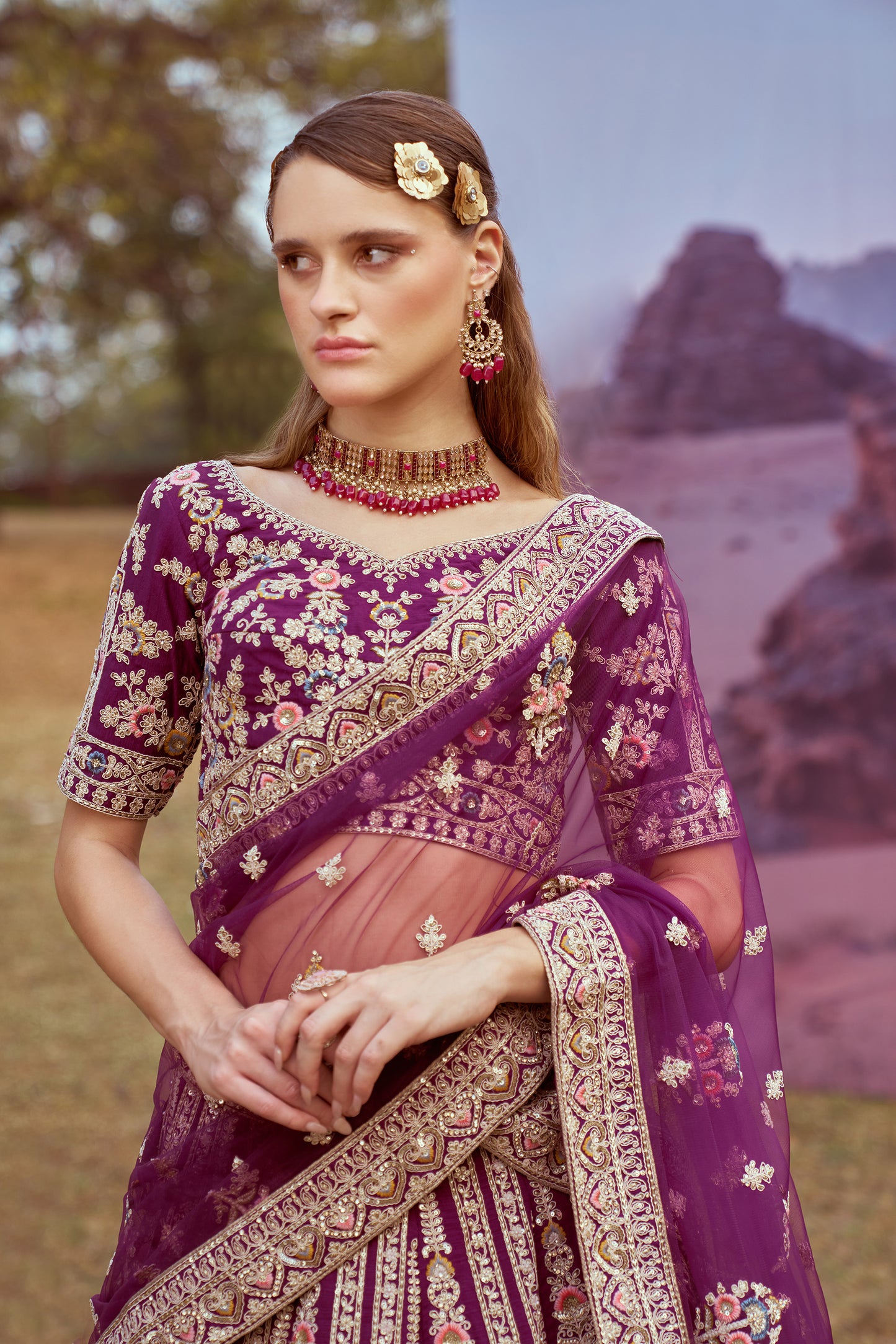 Purple Pure silk Moti, Coding embroidery Bridal Lehenga