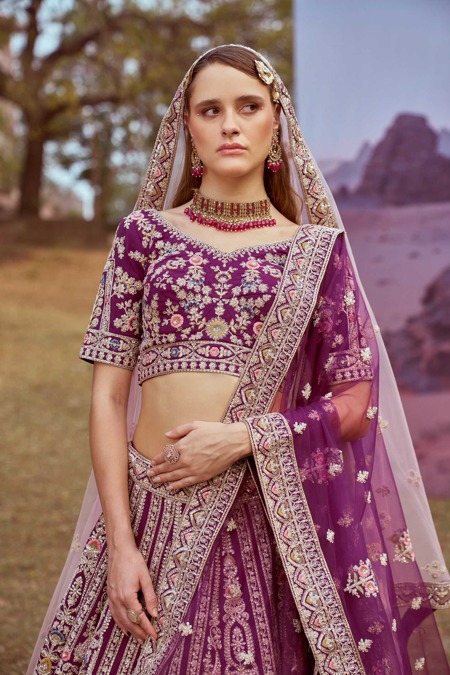 Purple Pure silk Moti, Coding embroidery Bridal Lehenga