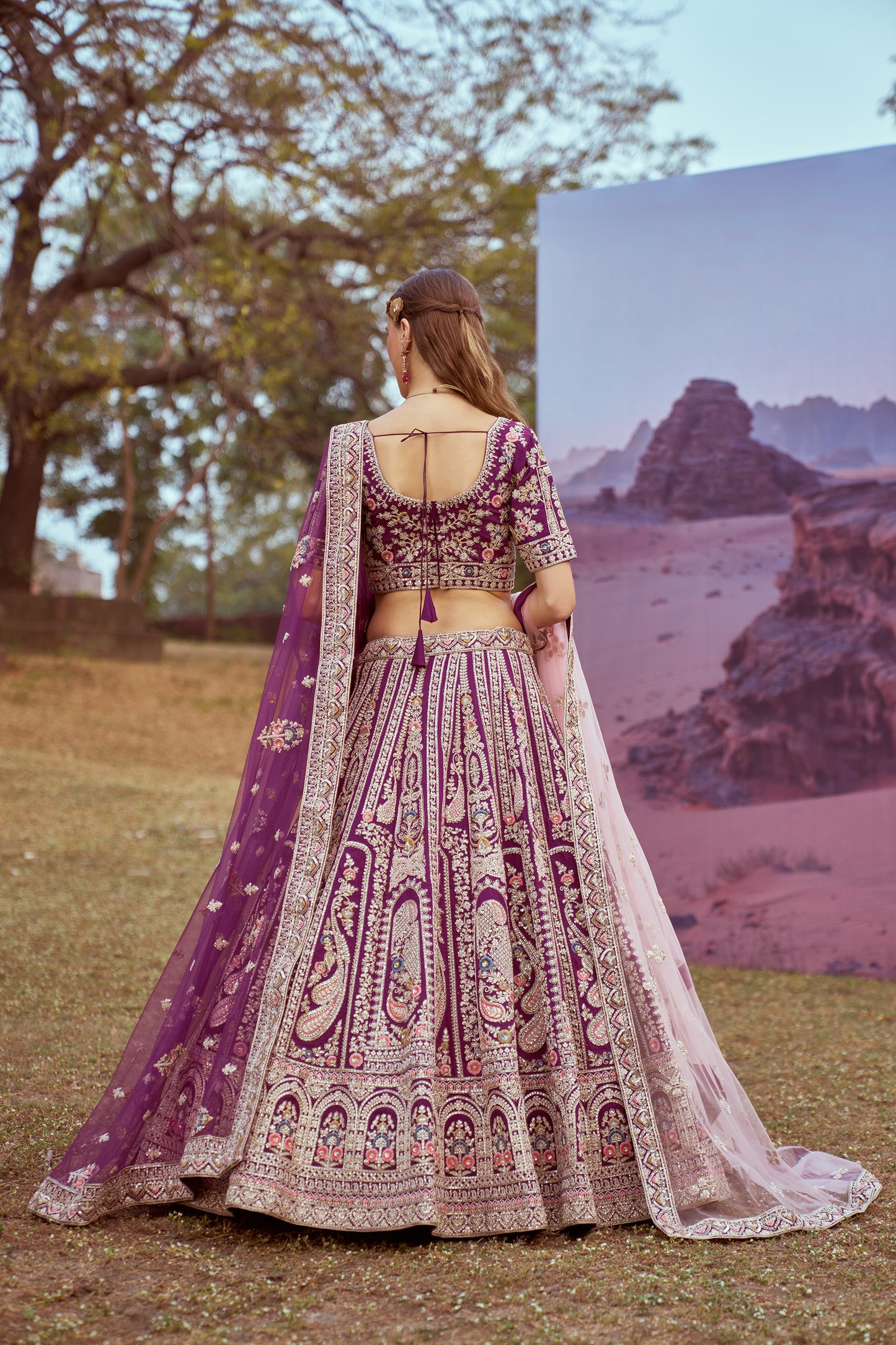 Purple Pure silk Moti, Coding embroidery Bridal Lehenga