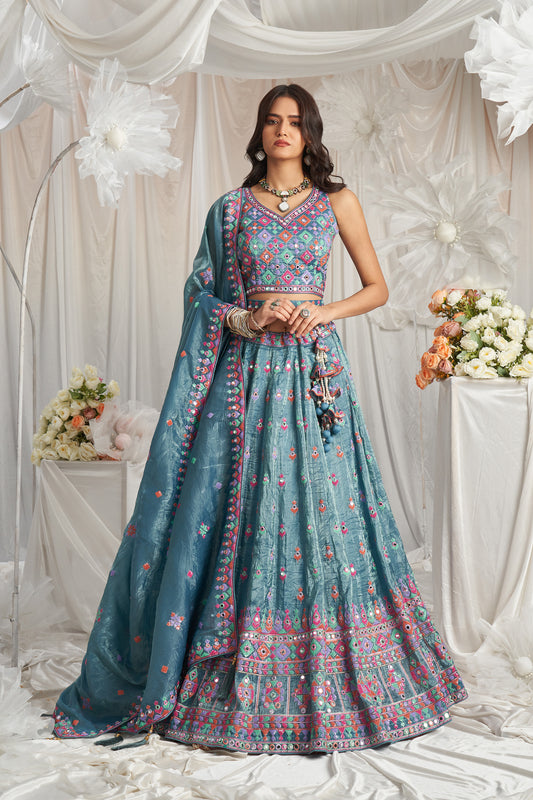 Teal Organza Sequins and Mirror embroidery Designer Lehenga choli & Dupatta