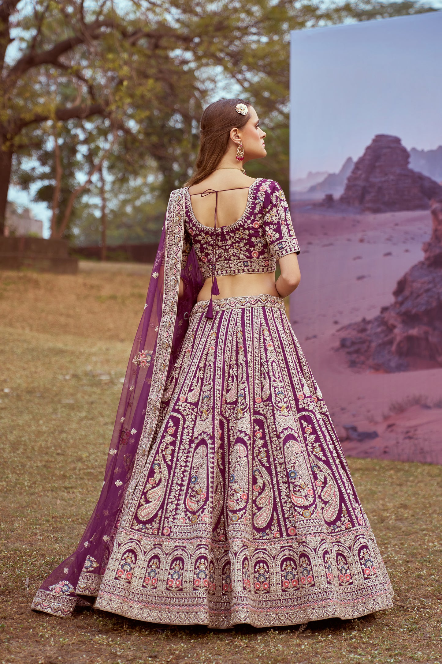 Purple Pure silk Moti, Coding embroidery Bridal Lehenga