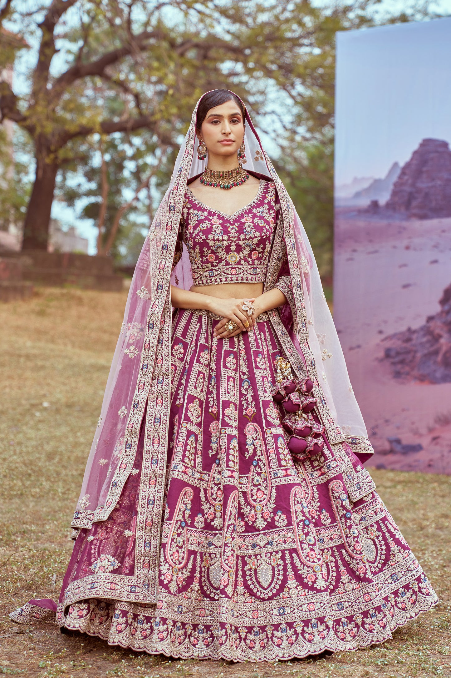 Purple Pure silk Moti, Coding embroidery Bridal Lehenga