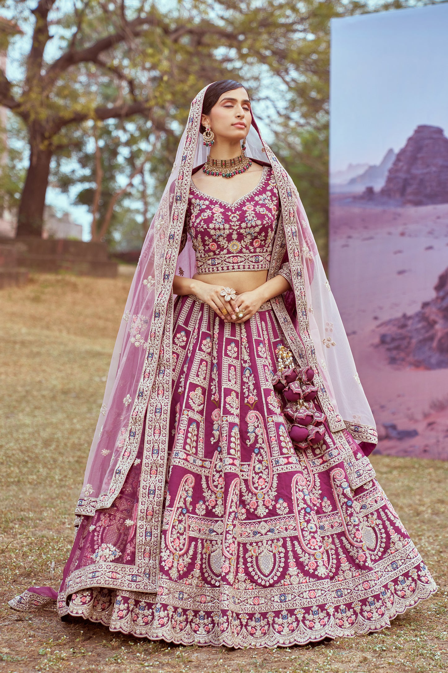 Purple Pure silk Moti, Coding embroidery Bridal Lehenga