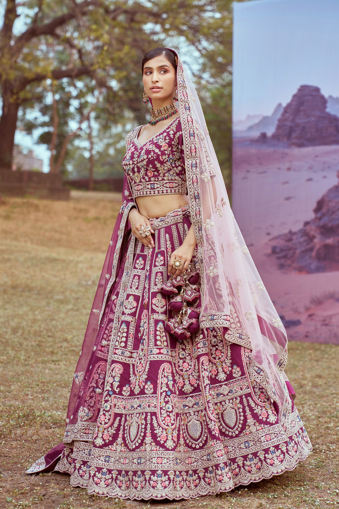 Purple Pure silk Moti, Coding embroidery Bridal Lehenga