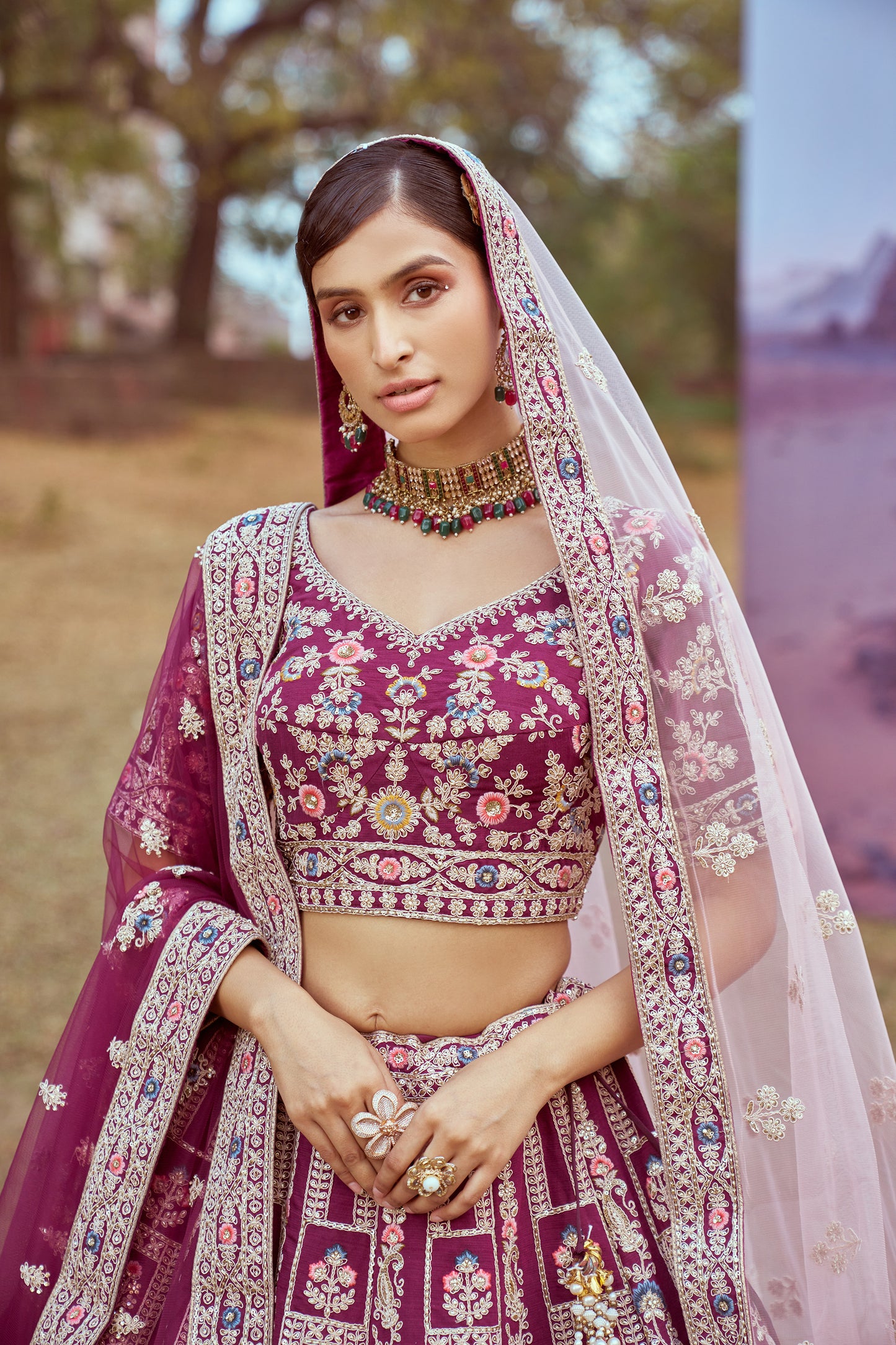 Purple Pure silk Moti, Coding embroidery Bridal Lehenga