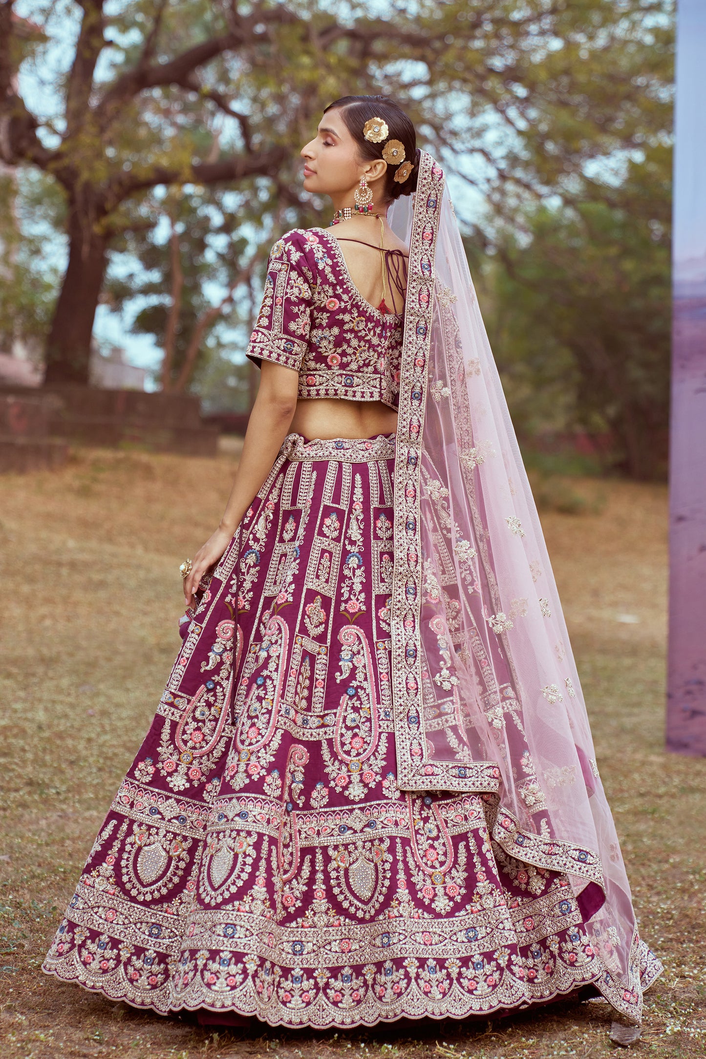 Purple Pure silk Moti, Coding embroidery Bridal Lehenga