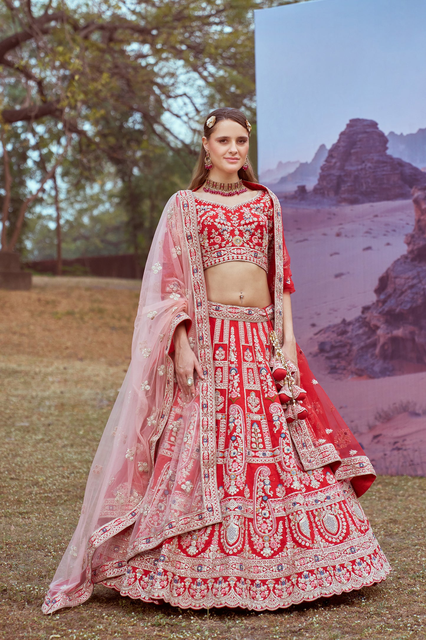 Red Pure silk Moti, Sequins embroidery Bridal Lehenga