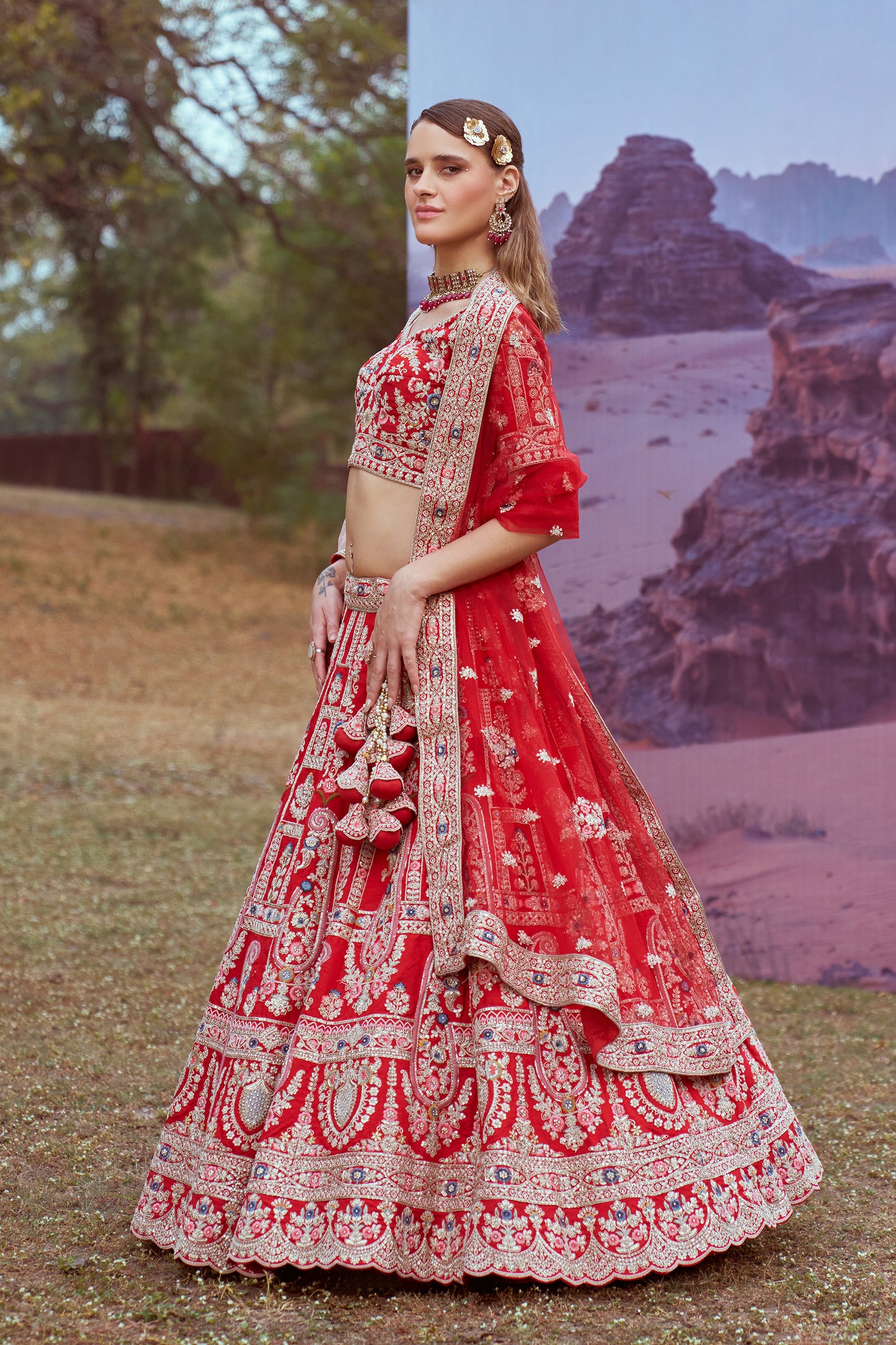 Red Pure silk Moti, Sequins embroidery Bridal Lehenga