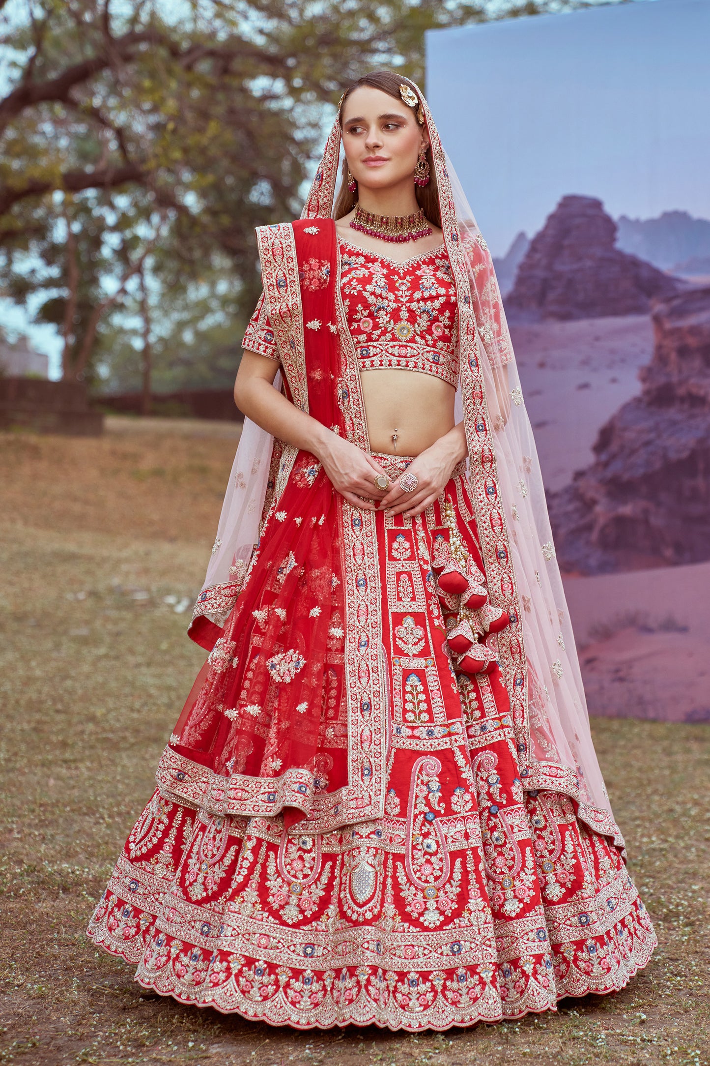 Red Pure silk Moti, Sequins embroidery Bridal Lehenga