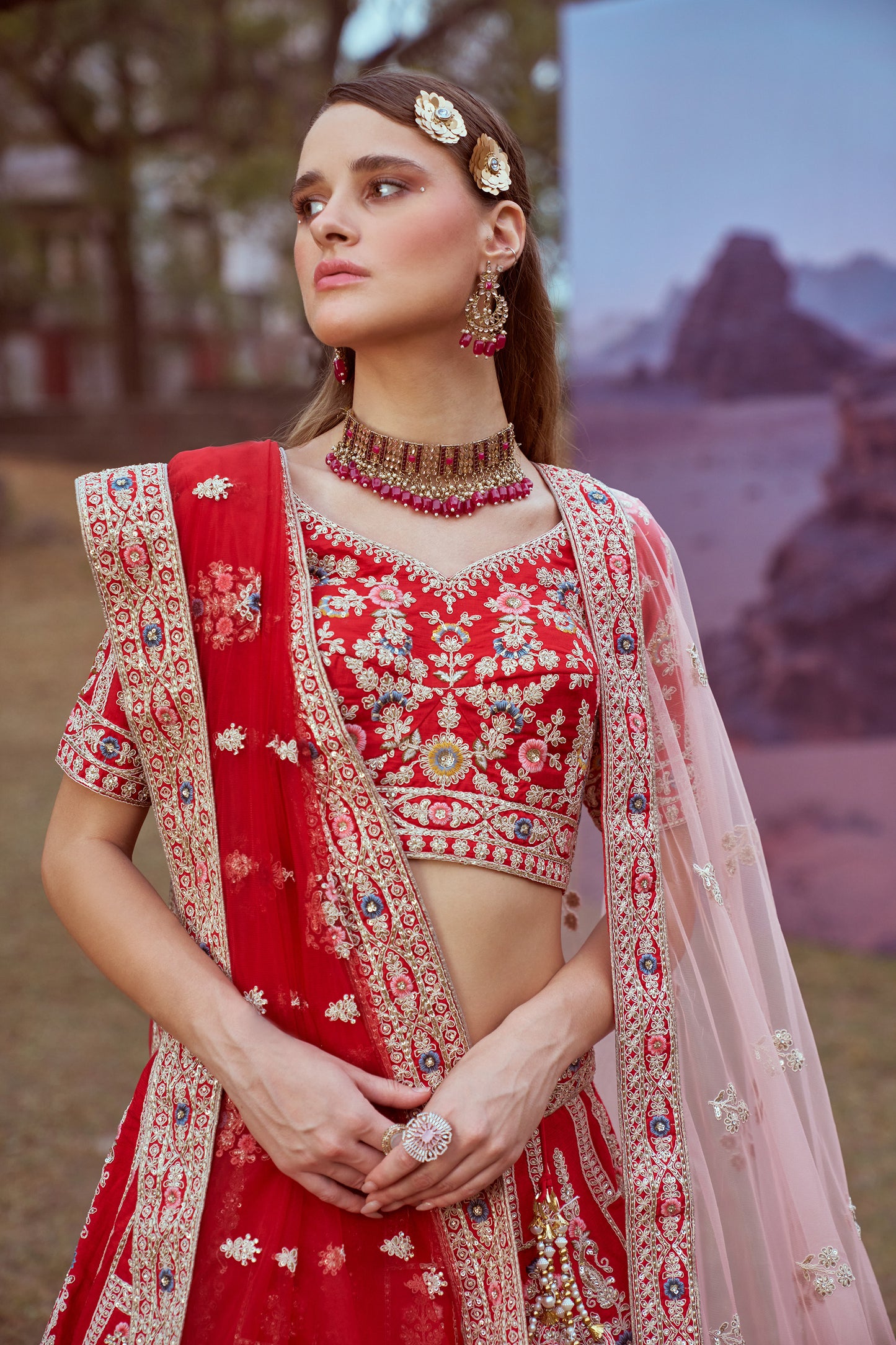 Red Pure silk Moti, Sequins embroidery Bridal Lehenga