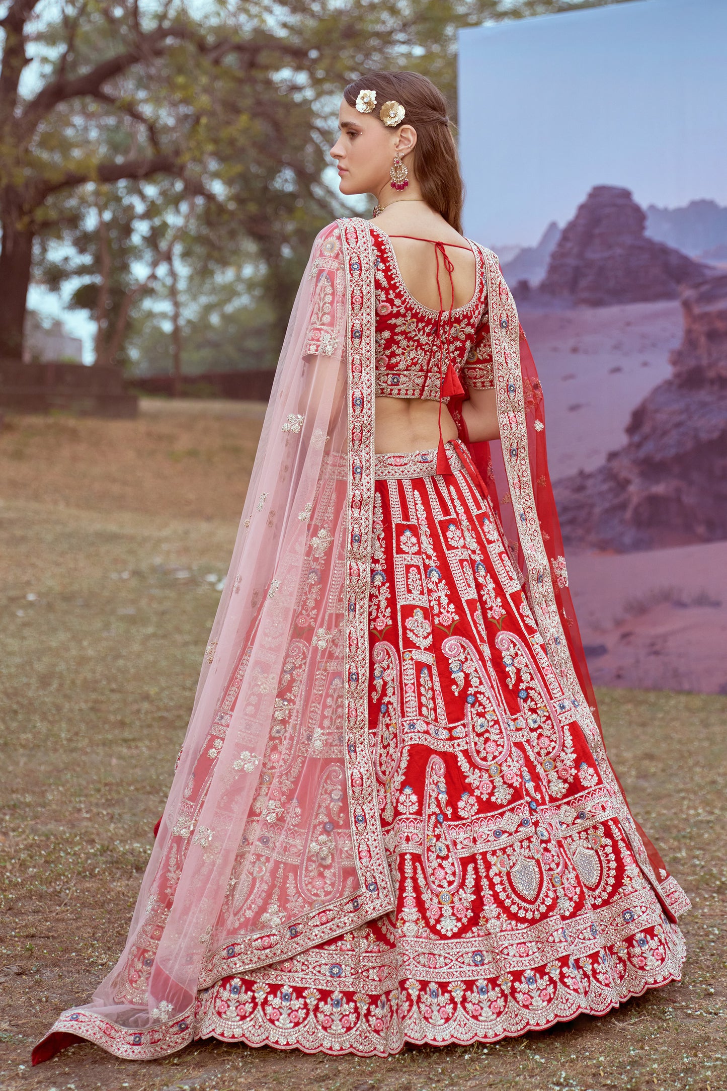 Red Pure silk Moti, Sequins embroidery Bridal Lehenga