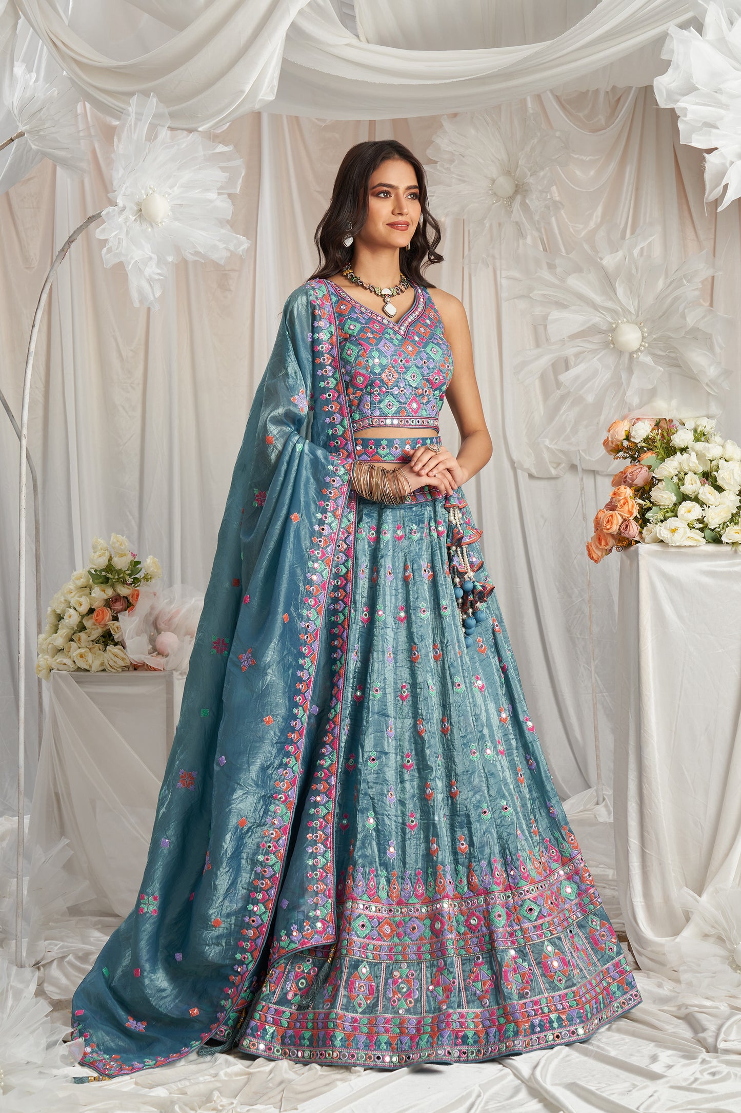 Teal Organza Sequins and Mirror embroidery Designer Lehenga choli & Dupatta